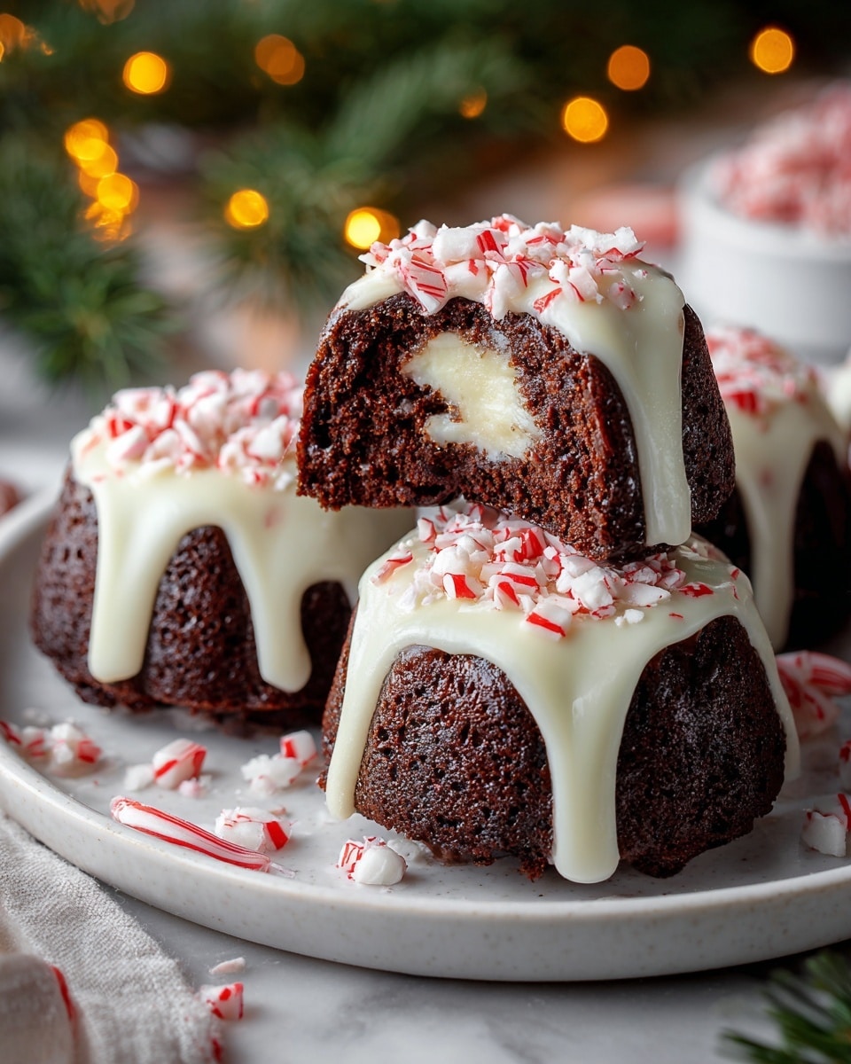The image shows five small chocolate bundt cakes on a white plate with a white marbled surface underneath. Each cake is dark brown with a smooth, moist texture, topped with a thick layer of white chocolate glaze that drips down the sides. On top of the glaze, there are crushed red and white peppermint candy pieces scattered around. One cake is cut in half and placed on top of the others, revealing a creamy white filling inside the chocolate cake. In the background, there are blurred warm yellow lights and green pine branches, giving a festive feeling. photo taken with an iphone --ar 4:5 --v 7