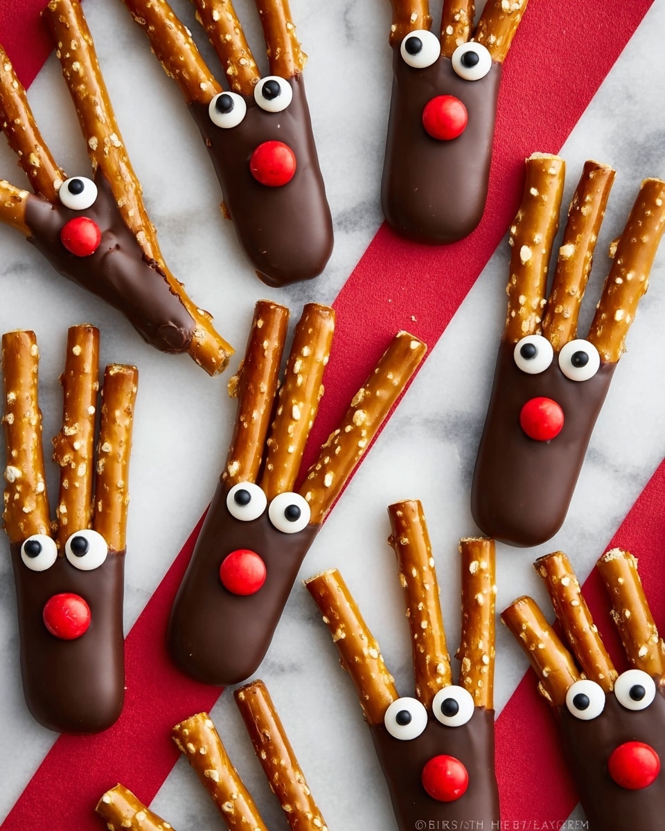 The image shows several small snacks made from two pretzel sticks dipped halfway in dark chocolate, placed side by side to look like reindeer antlers. At the chocolate-dipped end, two small white candy pieces with black dots resemble eyes, and a shiny red round candy is placed below the eyes to look like a nose. The pretzel sticks are golden brown with salt crystals, contrasting with the dark glossy chocolate coating. The snacks are laid out on a surface with wide diagonal red and white stripes. photo taken with an iphone --ar 4:5 --v 7