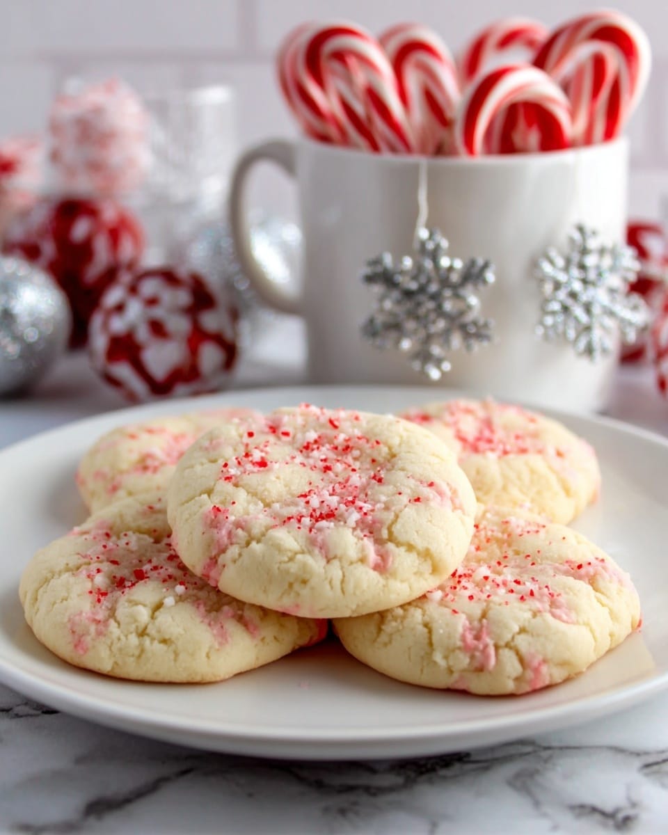 The image shows two cookies on a white marbled surface, one cookie cut in half and placed on top of the other. Each cookie has three main layers: a soft, light brown bottom layer with a slightly crispy texture, a thick creamy white middle layer, and a pale beige top layer with small cracks and rough texture. The top is sprinkled with small red and white candy pieces, giving a festive look. The background is blurred with warm colors, suggesting a cozy setting. Photo taken with an iphone --ar 4:5 --v 7