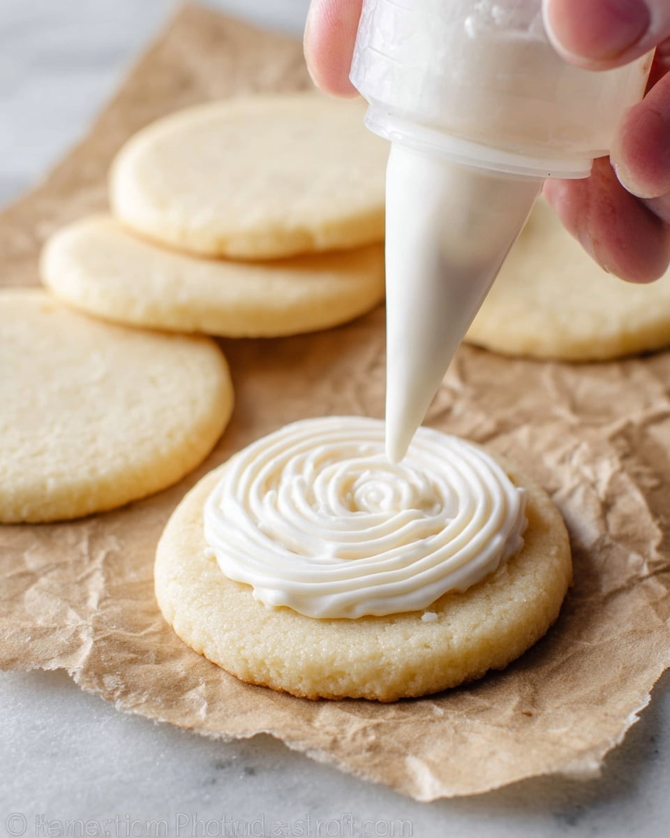 A close-up of a round, pale beige sugar cookie with a smooth texture, sitting on crumpled brown parchment paper over a white marbled surface. On top of the cookie, a woman's hand is squeezing white icing from a soft plastic bottle, creating a swirl pattern with a thick, glossy texture. Around this cookie are three more plain sugar cookies with the same color and smooth surface, blurred slightly in the background. photo taken with an iphone --ar 4:5 --v 7