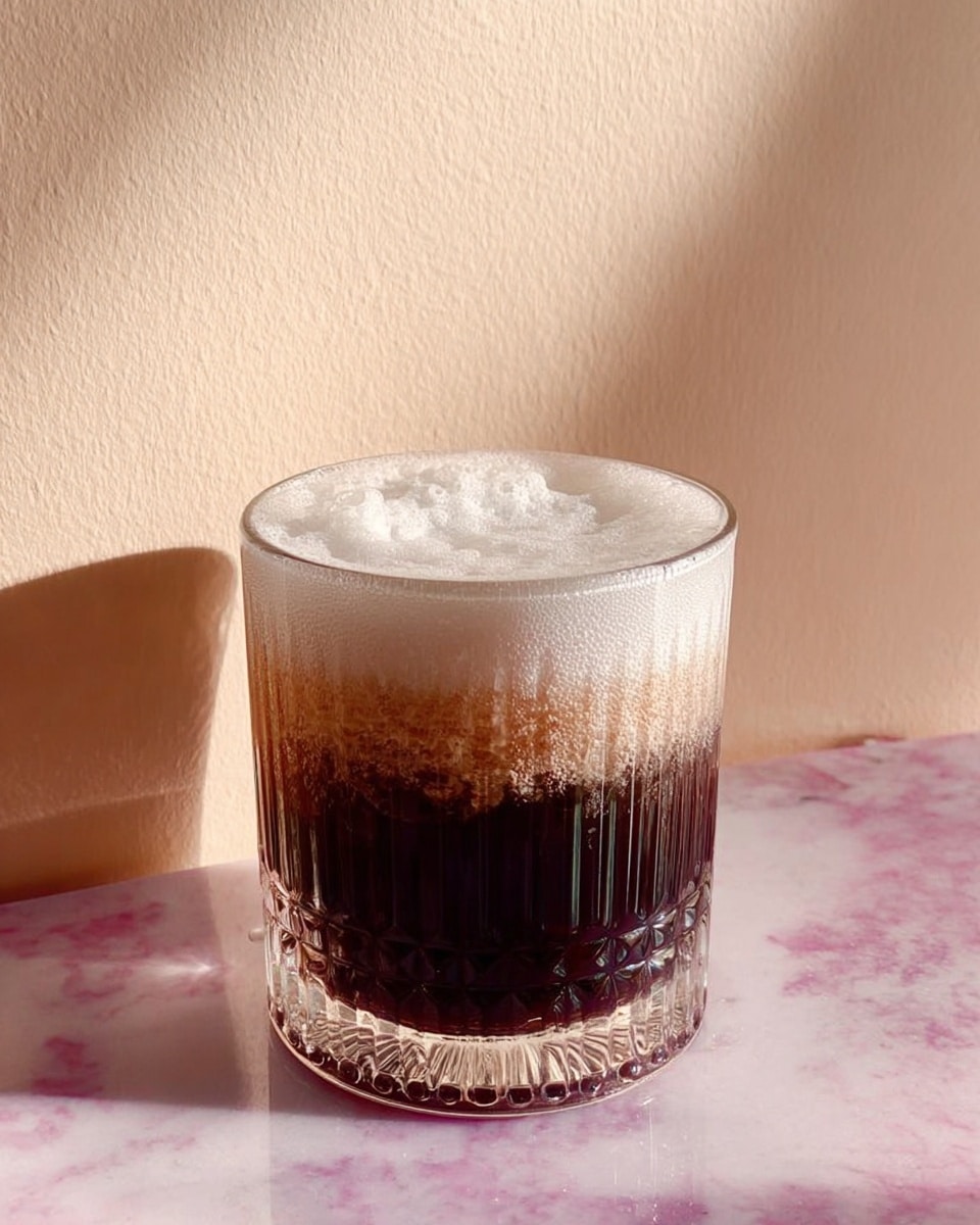 A clear glass tumbler filled with a dark brown liquid at the bottom making up about two-thirds of the glass, topped by a thick, light and frothy cream layer filling the remaining one-third; the glass sits on a smooth pink surface with soft shadows and a light textured wall behind, all under soft natural lighting. photo taken with an iphone --ar 4:5 --v 7