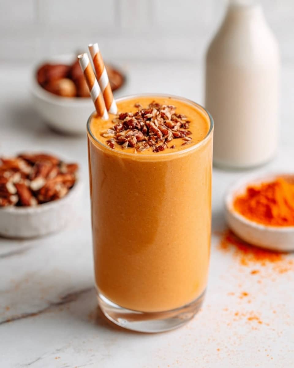 The image shows a creamy orange smoothie in a clear glass with two white and orange striped straws sticking out. On top of the smoothie, there is a layer of small crunchy brown nuts and seeds. The glass is placed on a white marbled surface. In the background, slightly out of focus, are a white bottle, a white bowl with brown nuts, and another white bowl filled with bright orange powder. The photo taken with an iphone --ar 4:5 --v 7