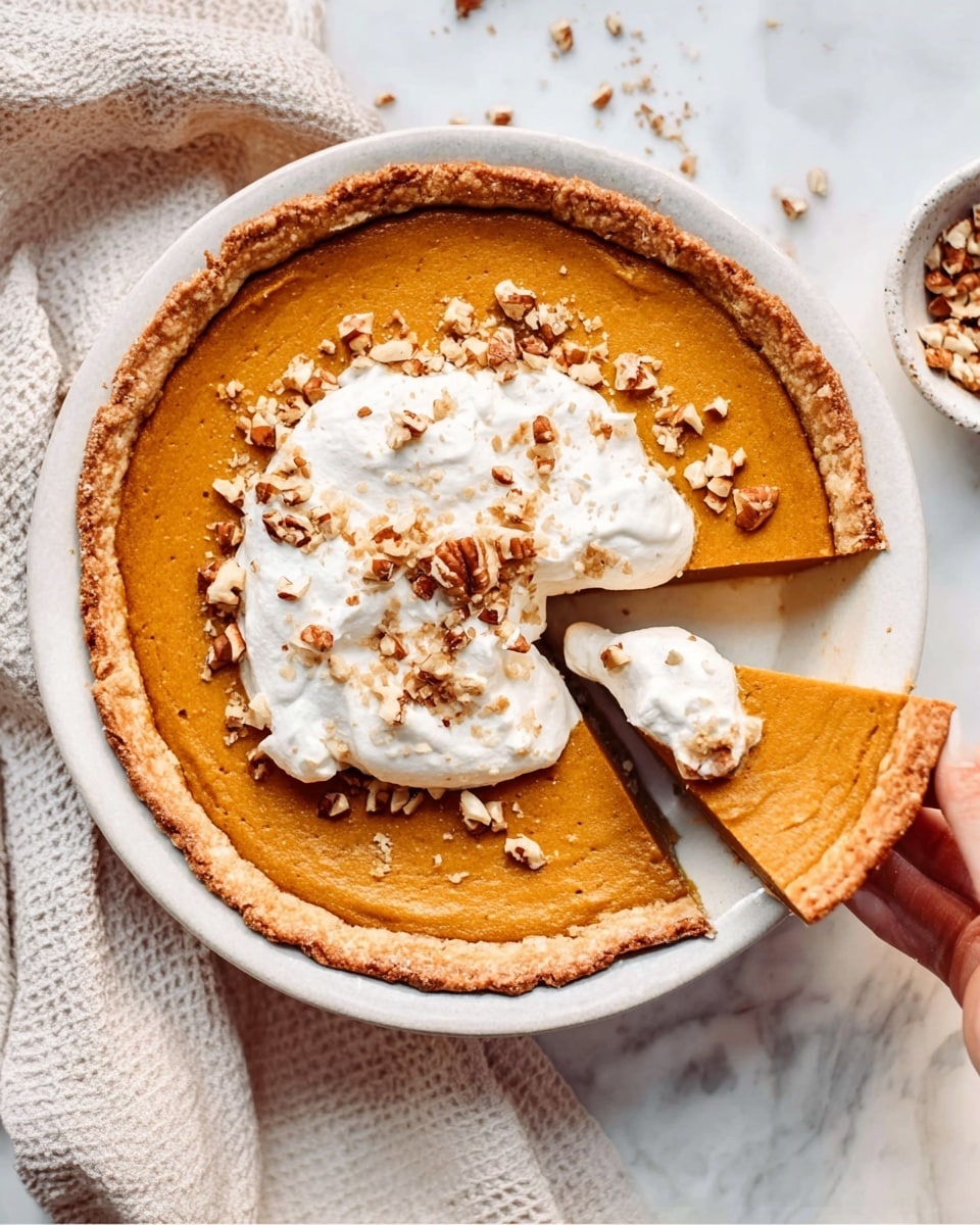 The image shows a white pie plate with a smooth, deep orange pumpkin pie inside. On top of the pie, near the center, there is a large dollop of fluffy white whipped cream, slightly spread out. The whipped cream is sprinkled with small clusters of light brown chopped nuts. One slice of the pie is cut and slightly lifted, showing the clean cut edges of the pie filling and crust. A woman's hand is holding the slice, lifting it away from the plate. The background surface is white marble with soft, neutral fabrics and a small bowl of extra chopped nuts nearby. Photo taken with an iphone --ar 4:5 --v 7