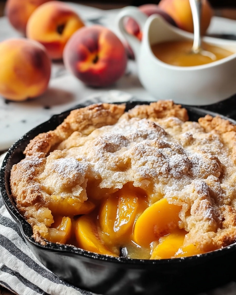 A round black cast iron skillet holds a warm peach cobbler with a golden-brown crumbly top layer dusted lightly with powdered sugar. Beneath the rough, textured crust, bright orange peach slices with a soft, juicy appearance peek out. A silver spoon rests inside the skillet, scooping up some of the peach filling and crumb mixture. The skillet sits on a white marbled surface with a blue and white striped cloth nearby and whole peaches blurred in the background. Photo taken with an iphone --ar 4:5 --v 7