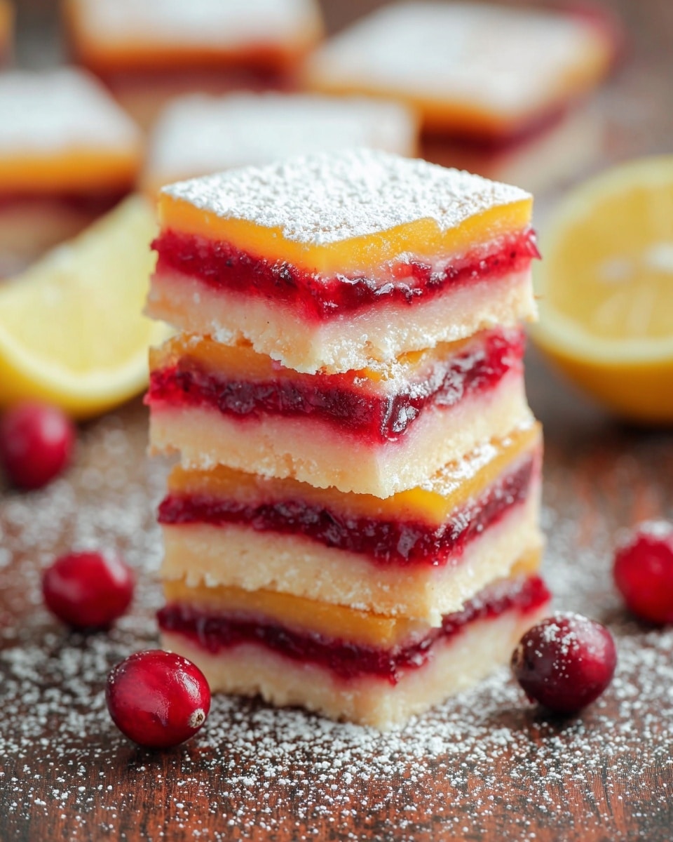 The image shows a close-up of square dessert bars with three visible layers: a light beige base that looks like a soft crust, a thick middle layer of bright red with a glossy texture resembling cranberries or jam, and a top layer of smooth, orange-yellow custard dusted with white powdered sugar. The bars are arranged on light brown parchment paper placed on a wooden surface, with a few fresh red cranberries scattered around and two halves of a yellow lemon nearby. The background also features more dessert squares slightly out of focus. photo taken with an iphone --ar 4:5 --v 7