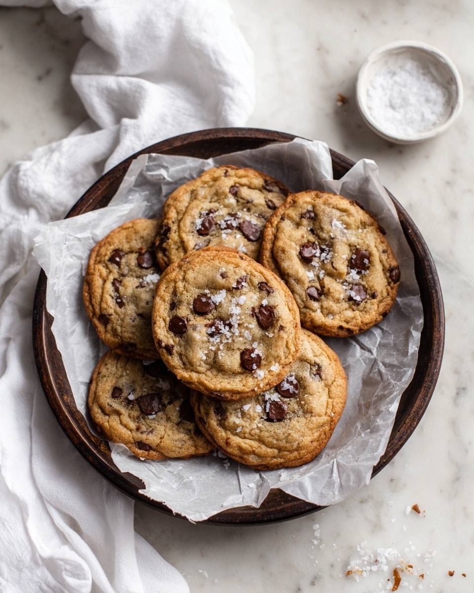 A dark brown round tray lined with crinkled white parchment paper holds six golden-brown chocolate chip cookies, each with a slightly crisp edge and a soft center dotted with melted dark chocolate chips. The cookies have a rough texture, sprinkled with coarse flakes of white sea salt catching the light. The tray sits on a white marbled surface with a white cloth casually draped near it and a small white bowl filled with coarse salt nearby, adding contrast and a cozy feel. photo taken with an iphone --ar 4:5 --v 7