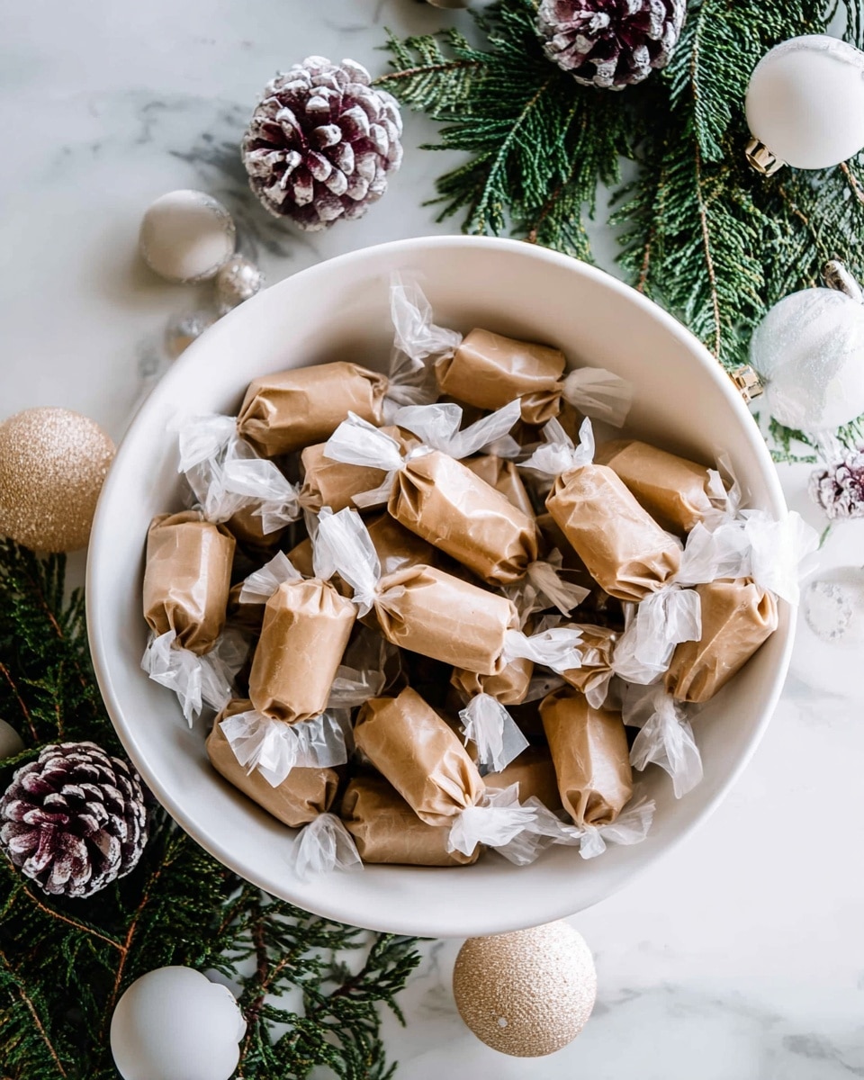 A white bowl filled with many small candies tightly wrapped in brown paper twisted at both ends, giving them a cylindrical shape. The candies are piled up inside the bowl with some lying on top of others. Around the bowl, there are green pine branches and pinecones with white tips, along with beige round ornaments, all set on a white marbled textured surface. The overall look is rustic and festive. photo taken with an iphone --ar 4:5 --v 7