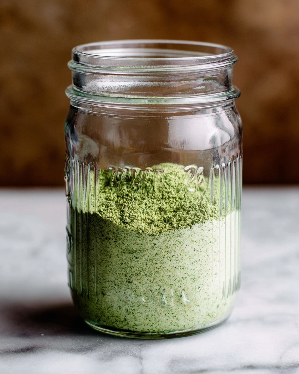 A clear glass jar is filled halfway with a fine, powdery green mixture that has a slightly grainy texture with tiny darker green and white specks throughout. The jar is set on a white marbled surface, and the background is blurred with soft brown tones. The jar has visible ridges near the top and embossed writing on the glass. The powder inside looks fresh and evenly packed. photo taken with an iphone --ar 4:5 --v 7
