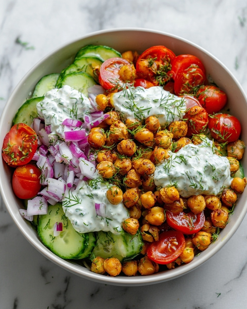 A white bowl holds a fresh salad with several layers visible. The base layer is bright green cucumber rounds mixed with green herbs and slices of red onion, adding purple accents. Cherry tomatoes, both yellow and red, are scattered throughout the salad, adding pops of vibrant color. On top, golden-brown roasted chickpeas provide a crunchy texture. The salad is sprinkled with white crumbled cheese, adding a creamy touch on top of the colorful vegetables. The bowl sits on a white marbled textured surface. Photo taken with an iphone --ar 4:5 --v 7