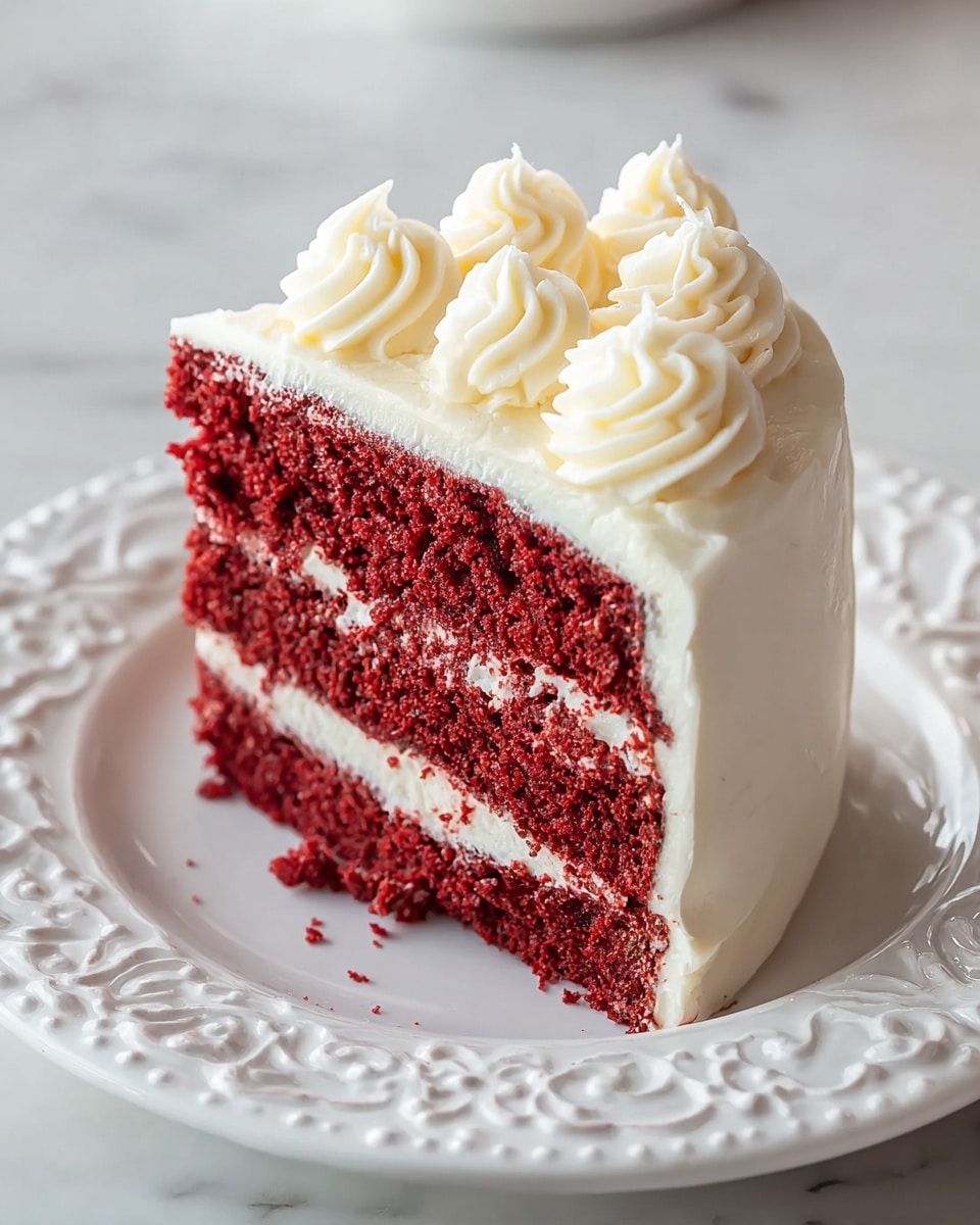 A slice of red velvet cake with two thick layers of deep red, soft sponge separated by a smooth layer of white cream cheese frosting. The outside of the slice is evenly coated in the same white cream cheese frosting. On top, there are five swirls of creamy white frosting spaced evenly for decoration. The cake slice rests on a white plate with an intricate raised floral border, all placed on a white marbled surface. photo taken with an iphone --ar 4:5 --v 7