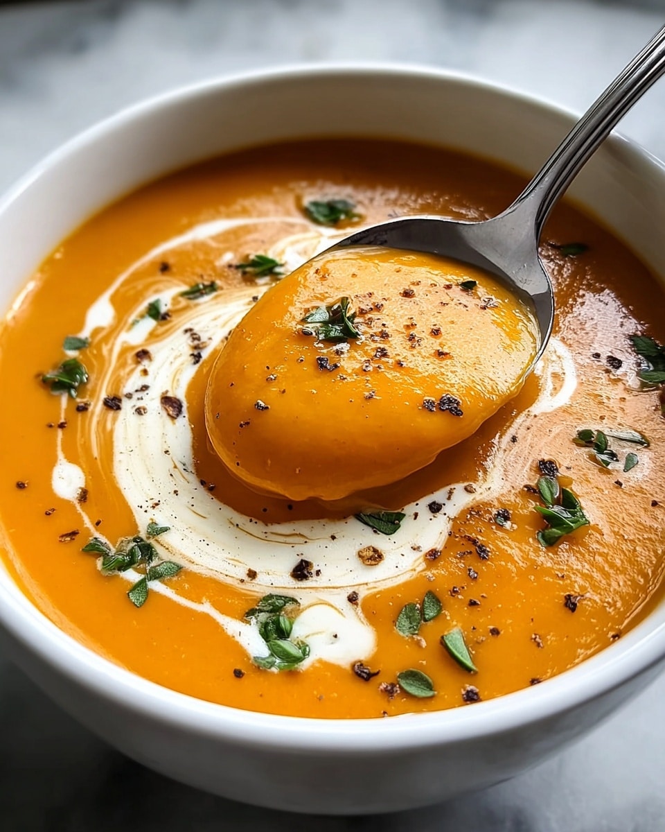 A close-up of a bowl filled with creamy orange soup, smooth in texture and topped with a swirl of white cream that contrasts with the soup’s bright color. Small green herb leaves are scattered on top, adding fresh green dots, along with black pepper flakes providing small dark specks. A silver spoon is partially dipped into the soup, lifting some of it slightly showing its thick, smooth texture. The white bowl rests on a white marbled surface. photo taken with an iphone --ar 4:5 --v 7