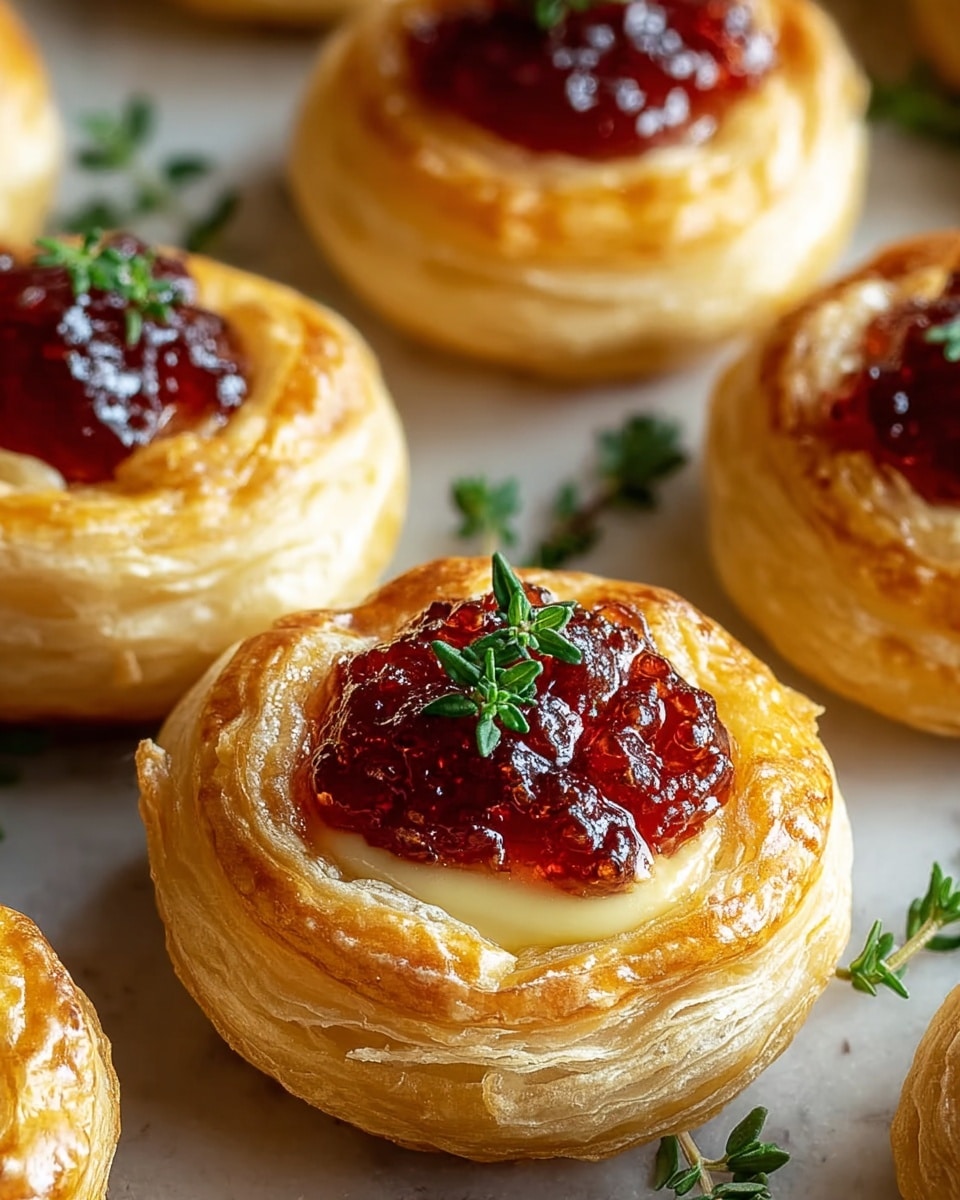 The image shows several small round pastries, each with multiple golden brown, flaky layers of puff pastry forming a ring shape. Inside the ring, there is a smooth, creamy pale yellow cheese layer, topped with a glossy, deep red jelly that looks thick and slightly chunky. A small sprig of green herb, likely thyme, is placed on top of the jelly in the center of the closest pastry. The pastries are arranged on a sheet in a close-up view with some scattered green herb sprigs around, all set on a white marbled surface. photo taken with an iphone --ar 4:5 --v 7