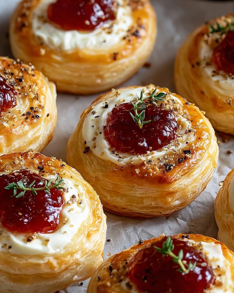 The image shows several round puff pastry pastries with multiple golden-brown flaky layers forming a thick base. Each pastry has a white creamy cheese layer spread evenly on top, followed by a glistening red jam dollop placed in the center. Some pastries are garnished with small green herb sprigs, and a sprinkling of black pepper is visible on the top layers. The pastries are resting on a sheet of parchment paper, placed over a surface with a white marbled texture. photo taken with an iphone --ar 4:5 --v 7