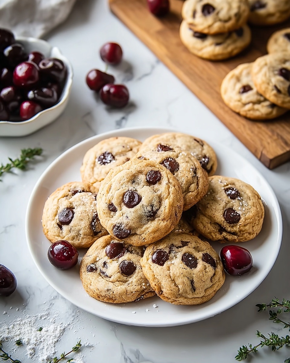 A white plate filled with nine round chocolate chip cookies stacked close together, each cookie showing a golden-brown color with dark chocolate chips scattered throughout. The cookies have a slightly rough texture with visible sugar crystals. In the background, there is a wooden cutting board holding more cookies and a white bowl on the left containing dark and red cherries, scattered around the plate and cutting board. The scene is set on a white marbled surface with some green herb sprigs and a light dusting of flour near the plate. Photo taken with an iphone --ar 4:5 --v 7