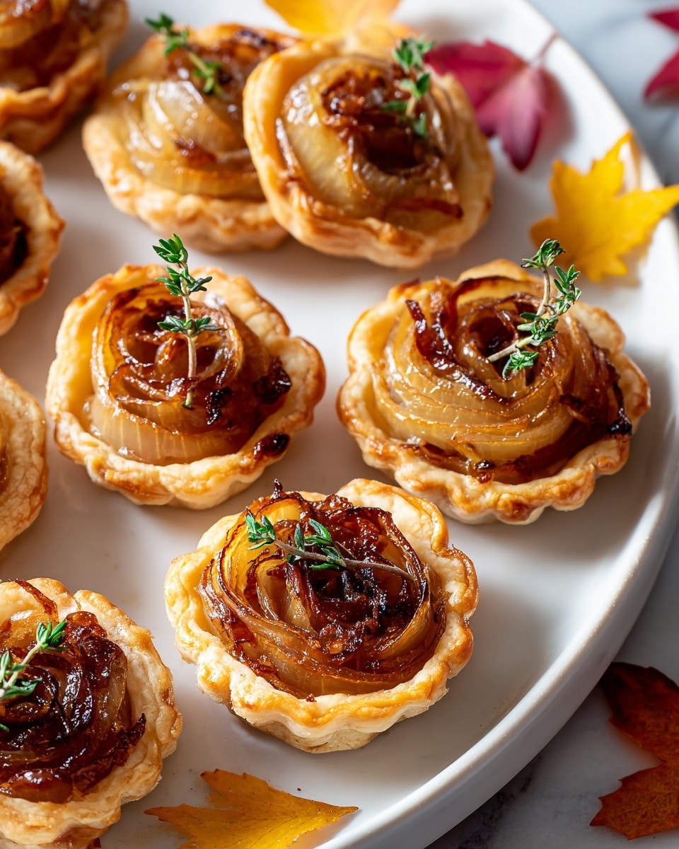 A white plate holds nine small tarts arranged closely together on a white marbled surface. Each tart has a golden-brown, flaky crust with a scalloped edge. Inside, there are layers of soft, caramelized onions in light golden and dark brown shades, curled gently to form a rose-like shape. Each tart is topped with a small green thyme sprig, adding a touch of fresh color. Around the plate, there are scattered yellow, orange, and red autumn leaves for decoration. The lighting highlights the glossy texture of the caramelized onions and the flaky crispness of the crust. photo taken with an iphone --ar 4:5 --v 7
