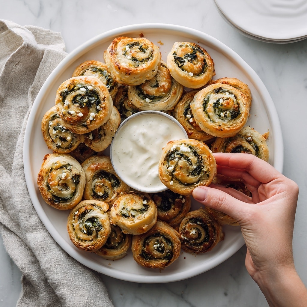 A white plate filled with many golden brown pinwheel appetizers, each having a spiral shape showing layers of green spinach and white feta cheese inside a flaky pastry crust. In the center of the plate, there is a small round bowl with a creamy white sauce. A woman's hand is dipping one of the pinwheels into the sauce. The scene is set on a white marbled surface, with two cloth napkins folded near the top-left corner and a hint of other white plates with food around the main dish. Photo taken with an iphone --ar 4:5 --v 7