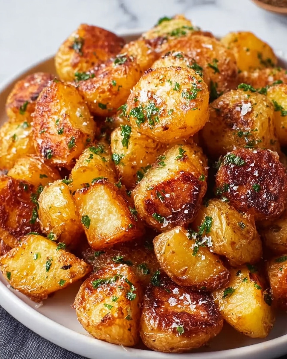 The image shows a close-up of a white plate filled with golden brown roasted potato chunks. Each piece has a crispy, browned exterior with some areas showing a slightly darker, crunchy texture. The potatoes are sprinkled evenly with fresh green chopped herbs and coarse salt, giving a fresh and textured look. The white marbled surface beneath the plate adds a clean and bright background to the dish. photo taken with an iphone --ar 4:5 --v 7