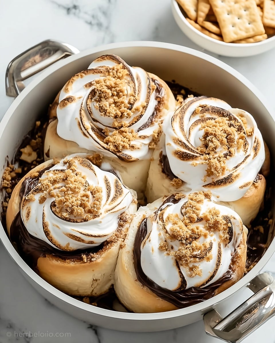 A close-up view of four soft, thick rolls arranged tightly in a round white pan with a metal handle, each roll layered with a smooth, dark chocolate spread visible in the middle, crowned by swirls of toasted white marshmallow-like topping that shows light brown caramelized spots, all topped with scattered light brown crumbs in the center where the rolls meet. The background is a white marbled texture with a white bowl filled with small square crackers partially visible on the side. Photo taken with an iphone --ar 4:5 --v 7