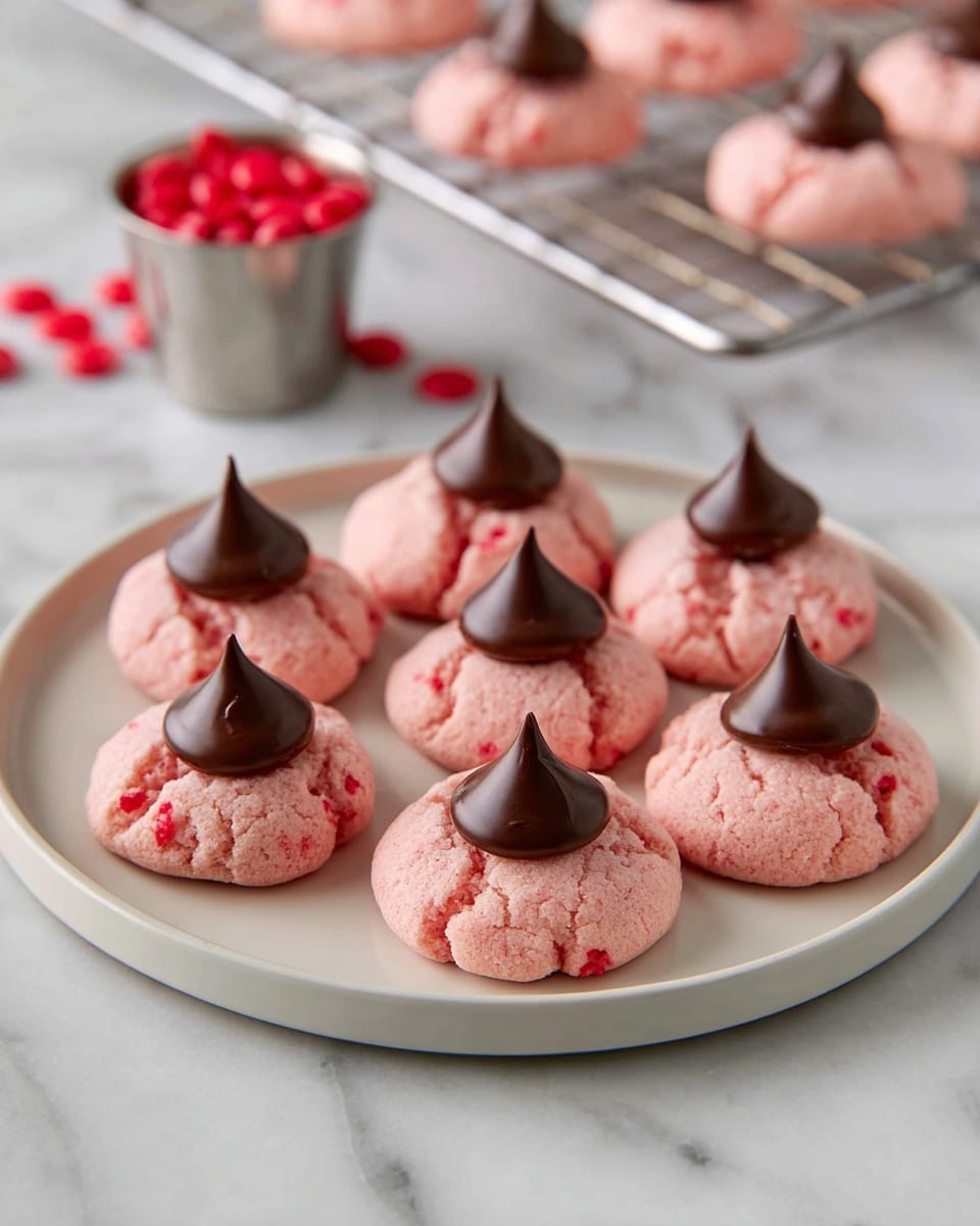 The image shows seven pink cookies arranged on a round white plate with a smooth surface. Each cookie has a soft, slightly cracked texture with small red specks inside, and a tall, dark brown chocolate kiss is placed in the center of each cookie, creating two layers—the pink base and the chocolate peak. The plate sits on a white marbled surface, and in the background there is a metal cooling rack with more of the same cookies and a small metal cup filled with red candy, blurred to keep the focus on the cookies in the front. photo taken with an iphone --ar 4:5 --v 7