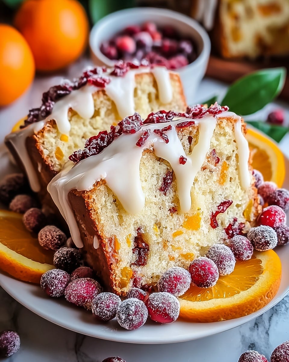 The image shows two thick slices of a light yellow fruit cake with bits of orange and red fruits inside. The cake is topped with glossy white icing that drips down the sides and sprinkled with dried red cranberries. Around the slices, fresh red cranberries dusted with powdered sugar and bright orange slices form a colorful border. The dessert is placed on a white plate set on a white marbled surface, with blurred oranges and green leaves in the background. Photo taken with an iphone --ar 4:5 --v 7