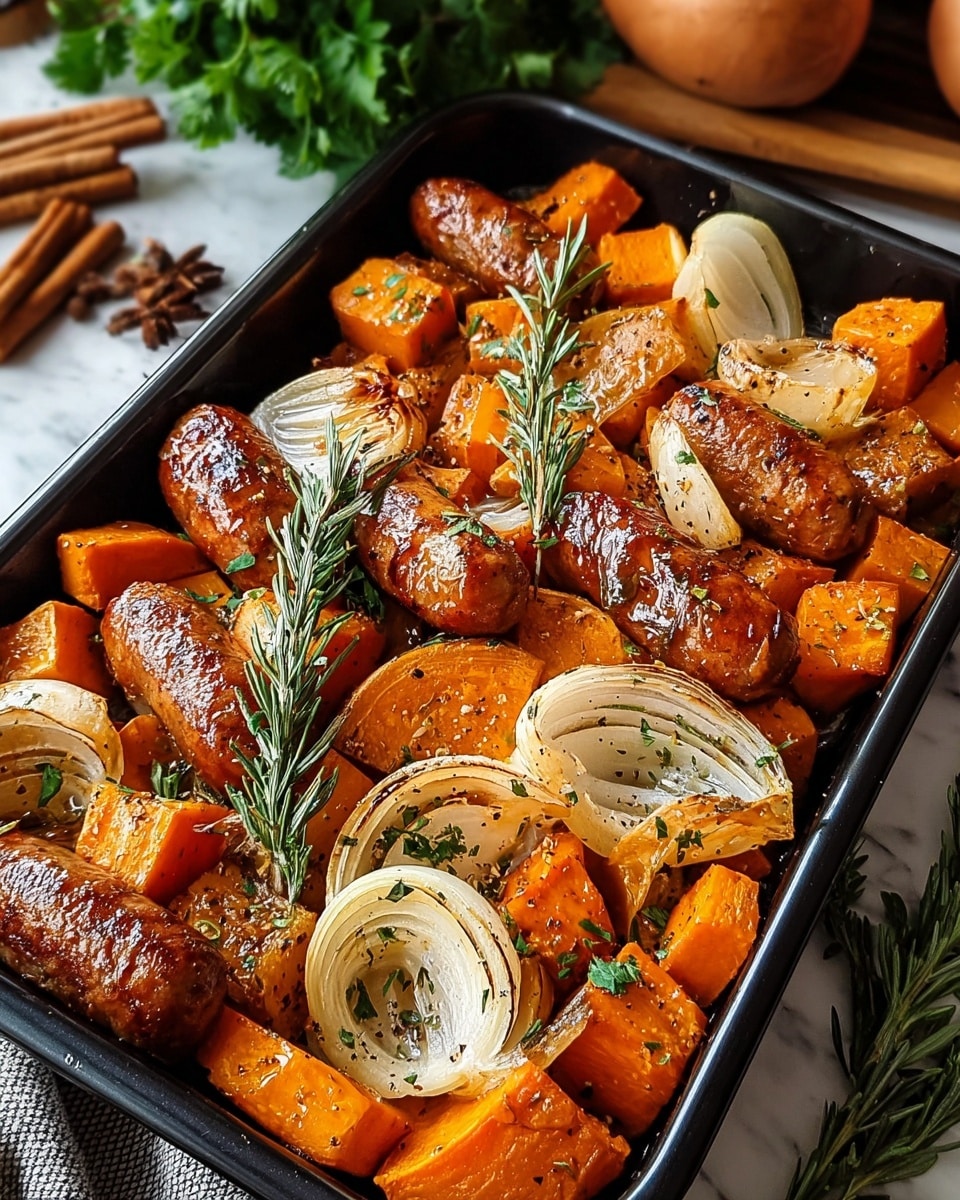 A black rectangular baking tray filled with roasted food is shown on a white marbled surface. The dish has three main layers: large pieces of golden-brown sausages with a caramelized texture, thick chunks of orange sweet potatoes with a slightly crispy outside, and thick wedges of white onions with a light golden color and soft texture. Green sprigs of fresh rosemary and curly parsley leaves are scattered on top, adding bright green color and freshness. The food looks well-seasoned with coarse ground pepper and herbs visible on the surface. The background is softly blurred with hints of ingredients like cinnamon sticks and whole spices. photo taken with an iphone --ar 4:5 --v 7