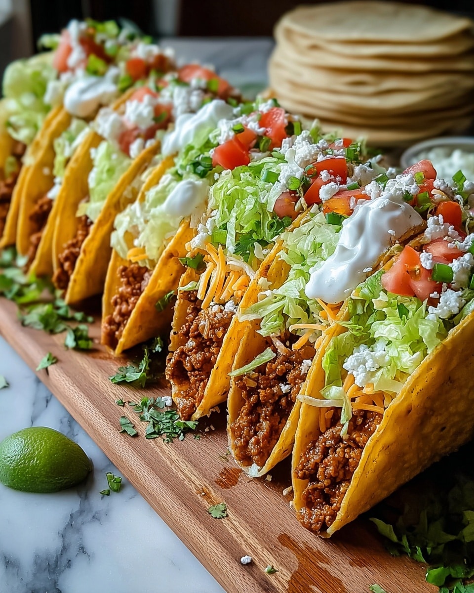 A row of six tacos stand upright on a wooden board with bright green lime wedges and chopped cilantro scattered around. Each taco has three distinct layers: the bottom layer is a crispy golden shell filled with brown, crumbly cooked meat; the middle layer contains shredded pale orange cheddar cheese with fresh light green shredded lettuce; the top layer is topped with white sour cream dollops, diced bright red tomatoes, crumbled white cheese, and chopped green cilantro. On the side, there is a stack of white tortillas. The background is a white marbled texture. Photo taken with an iphone --ar 4:5 --v 7