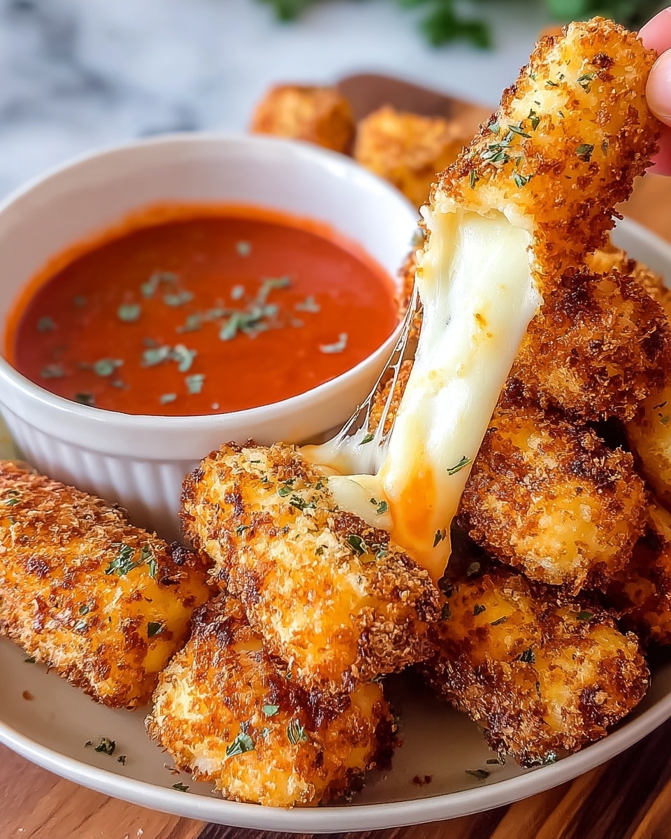A close-up view of several golden brown, crispy mozzarella sticks arranged on a white plate with a white bowl of smooth, bright red marinara sauce behind them. The mozzarella sticks have a crunchy, textured crust with some green herbs sprinkled on top. One mozzarella stick is being pulled apart by a woman's hand, stretching melted white cheese with a hint of orange inside. The background shows a white marbled texture. photo taken with an iphone --ar 4:5 --v 7