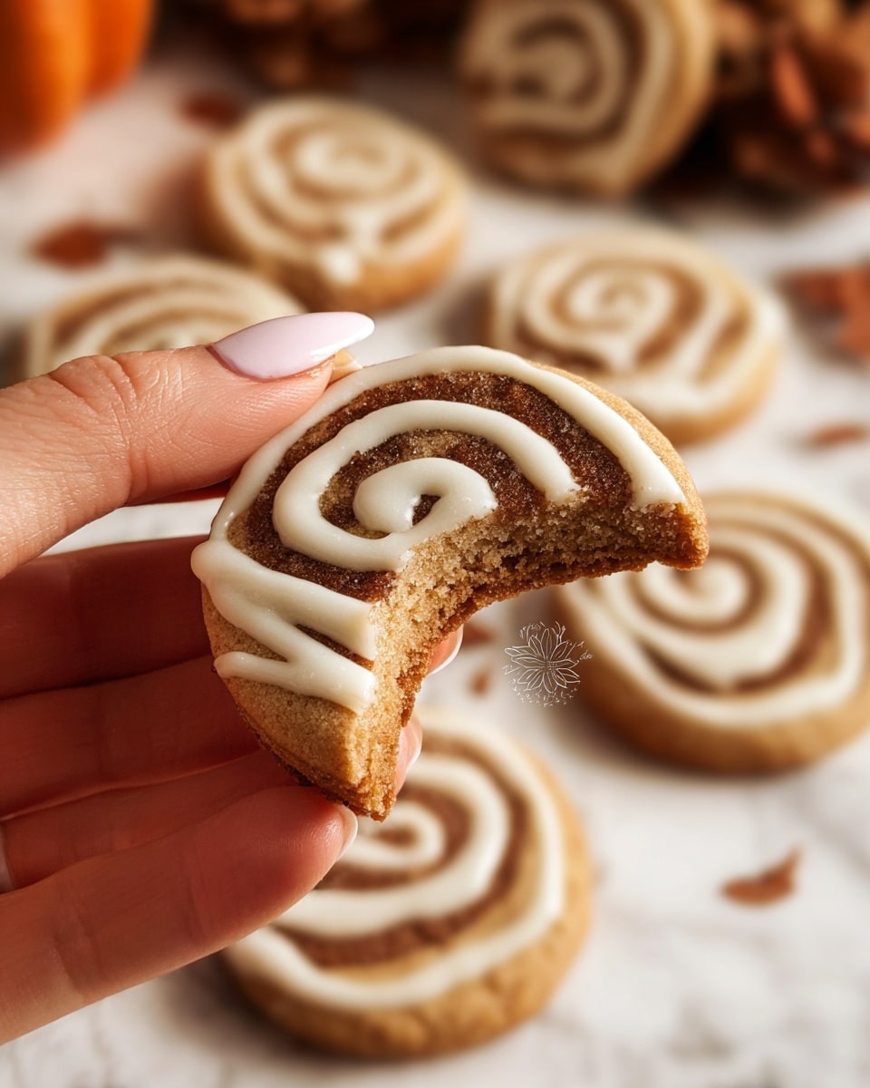 The image shows a close-up of a bitten cookie held by a woman's hand with neatly trimmed nails. The cookie has two visible layers in a swirl pattern: a light beige dough and a darker brown dough. On top, thin white icing lines run vertically over the cookie. In the background, there are several similar cookies with the same swirl and icing pattern scattered on a white marbled surface, creating a cozy, warm feeling. Photo taken with an iphone --ar 4:5 --v 7