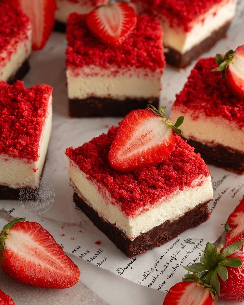 Square dessert pieces are arranged on a white marbled surface covered with parchment paper printed with text. Each piece has three visible layers: a dark brown base, a thick middle layer of creamy white, and a bright red crumbly topping that looks soft and textured. One piece is topped with a halved fresh strawberry showing its red inside and green leaves. Whole and halved strawberries are scattered around the dessert pieces. The scene is bright and clear, showing detail in the crumbly topping and creamy layer. photo taken with an iphone --ar 4:5 --v 7