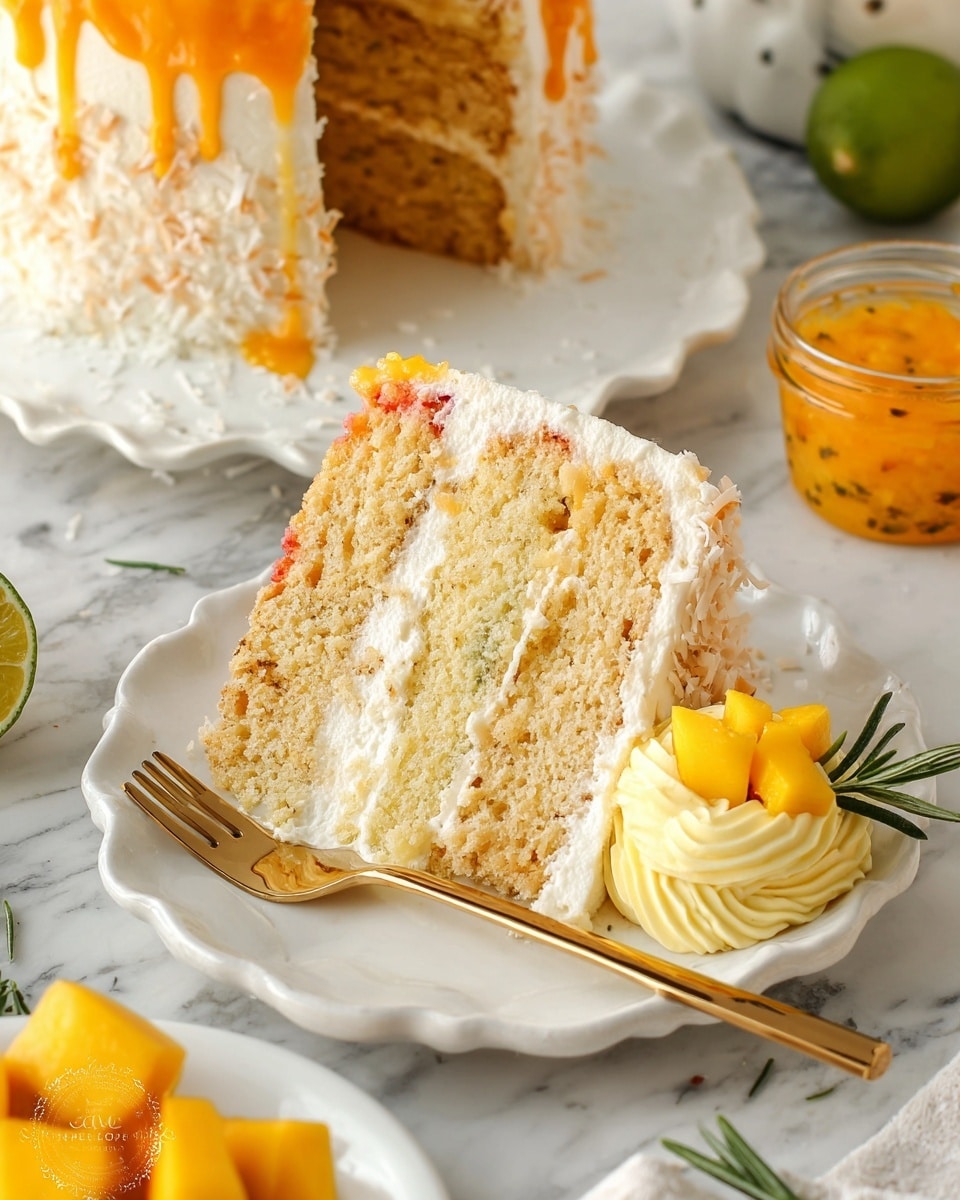 A slice of three-layer cake is shown on a white scalloped plate, with each layer consisting of light golden sponge cake and white cream frosting. The frosting has a smooth texture with bits of shredded coconut on the sides. The cake is drizzled with bright orange mango sauce, which adds contrast to the cream and sponge. Next to the cake slice is a swirl of pale yellow frosting with a small piece of mango and a sprig of rosemary for garnish. A gold fork rests on the plate beside the cake. In the background, there is the rest of the cake on a white plate, along with halved lime, diced mango pieces, and a glass container of mango sauce on a white marbled surface. photo taken with an iphone --ar 4:5 --v 7