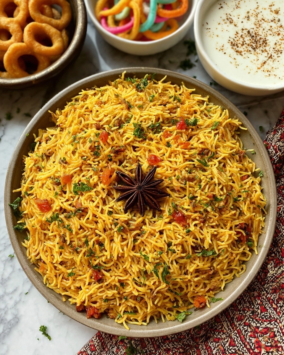 A black round plate filled with a single layer of golden-yellow crispy sev noodles mixed with small pieces of orange carrots and green herbs gives a textured look. A whole star anise is placed in the center on top, adding a dark brown contrast. In the background on a white marbled surface, there are two white bowls — one containing a white creamy dip sprinkled with brown spices and green herbs, and the other holding colorful, hollow, crispy snacks in pink, yellow, and orange. Some star anise and brown seeds are scattered beside the plate. A white cloth with red and blue leaf prints is partly visible under the plate. photo taken with an iphone --ar 4:5 --v 7