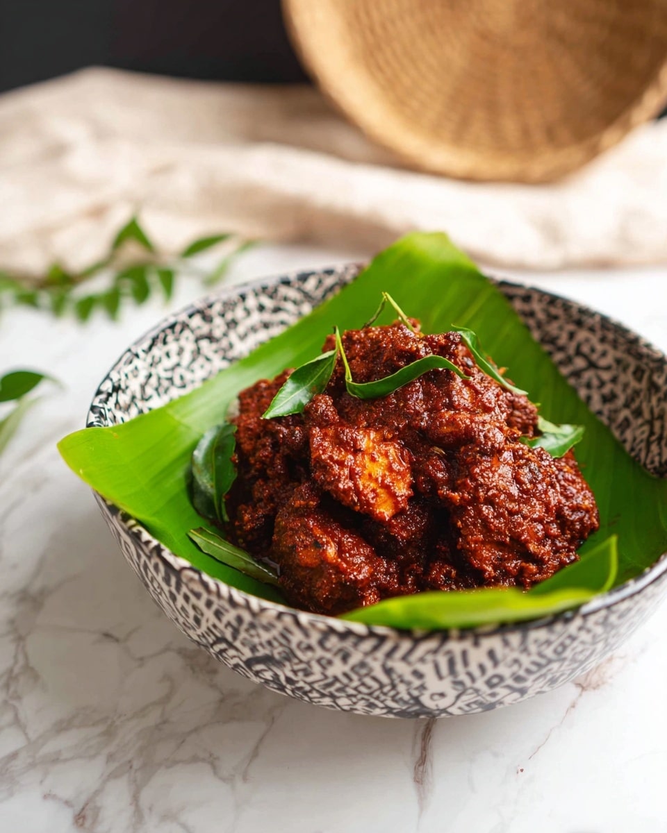 A white bowl with black patterns holds a single layer of bright green banana leaves, on top of which sits a mound of dark reddish-brown chicken pieces covered in thick, coarse sauce. Small fresh green leaves are scattered over the chicken and around the bowl on a white marbled surface. In the background, a round woven basket with a white cloth is partially visible. photo taken with an iphone --ar 4:5 --v 7