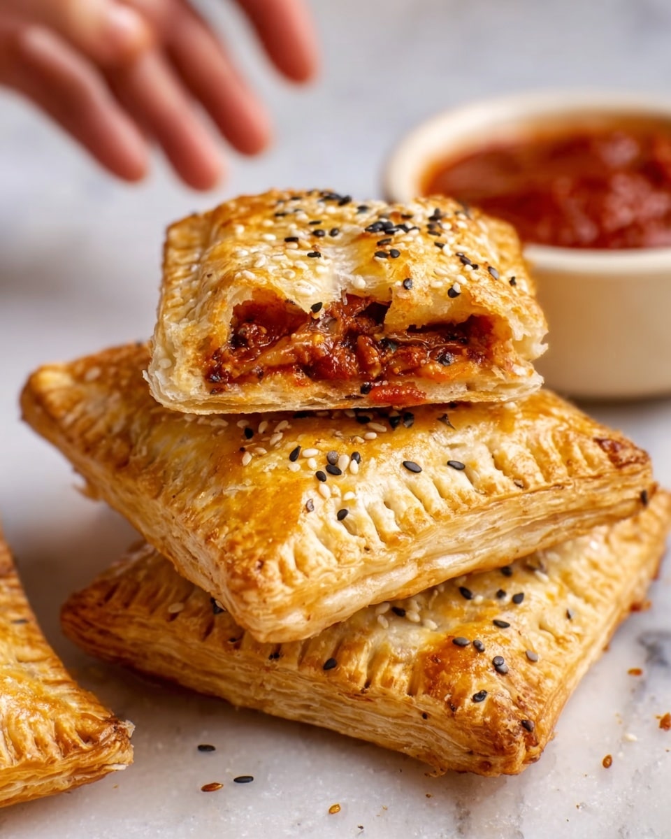 The image shows a stack of three golden brown puff pastries on a white marbled surface. Each pastry is square-shaped with crimped edges, flaky textures, and shiny tops sprinkled with black sesame seeds. The top pastry is broken in half, revealing a rich, chunky red tomato filling with bits of herbs inside. In the background, there is a white bowl filled with thick red sauce. A woman's hand is reaching toward the pastries, showing a sense of warmth and invitation. photo taken with an iphone --ar 4:5 --v 7