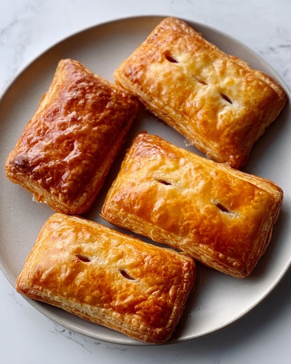 Four golden brown, rectangular pastries with crispy, flaky layers are arranged on a white plate, sitting on a white marbled surface. Each pastry has small vent slits on top, showing slightly puffed, uneven textures. The pastries have a shiny glaze that makes them look freshly baked and crisp on the outside. Photo taken with an iphone --ar 4:5 --v 7