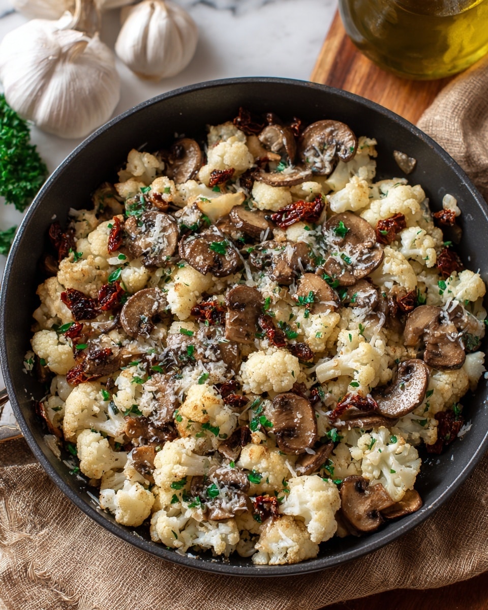 A black skillet filled with one layer of cooked cauliflower florets that are slightly browned, mixed with brown sautéed mushroom slices spread evenly on top. There are small bits of dark red sun-dried tomatoes and sprinkled green herbs scattered across the dish, adding a touch of color. Some grated cheese is lightly melted over the vegetables, creating small white patches. The skillet sits on a rough tan fabric on a white marbled surface, with garlic bulbs and an oil bottle blurred in the background. photo taken with an iphone --ar 4:5 --v 7