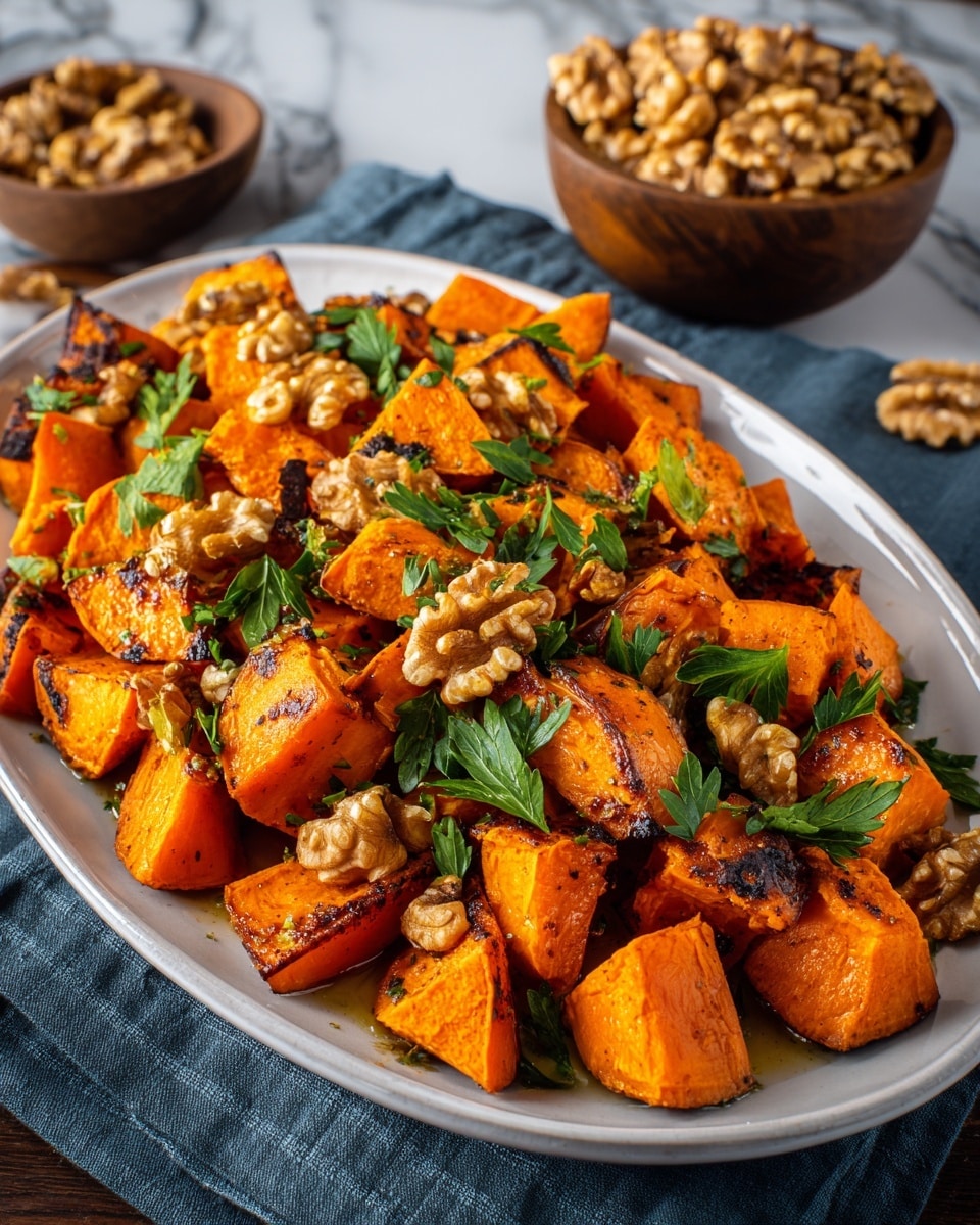 This image shows a white oval plate filled with roasted sweet potato chunks that are bright orange with slightly charred edges. Scattered on top are light brown walnut halves adding a crunchy texture. Bright green parsley leaves are sprinkled over the dish for a fresh contrast. The plate sits on a blue-grey cloth, with a bowl of walnuts in soft focus behind it, all set against a white marbled textured background. photo taken with an iphone --ar 4:5 --v 7