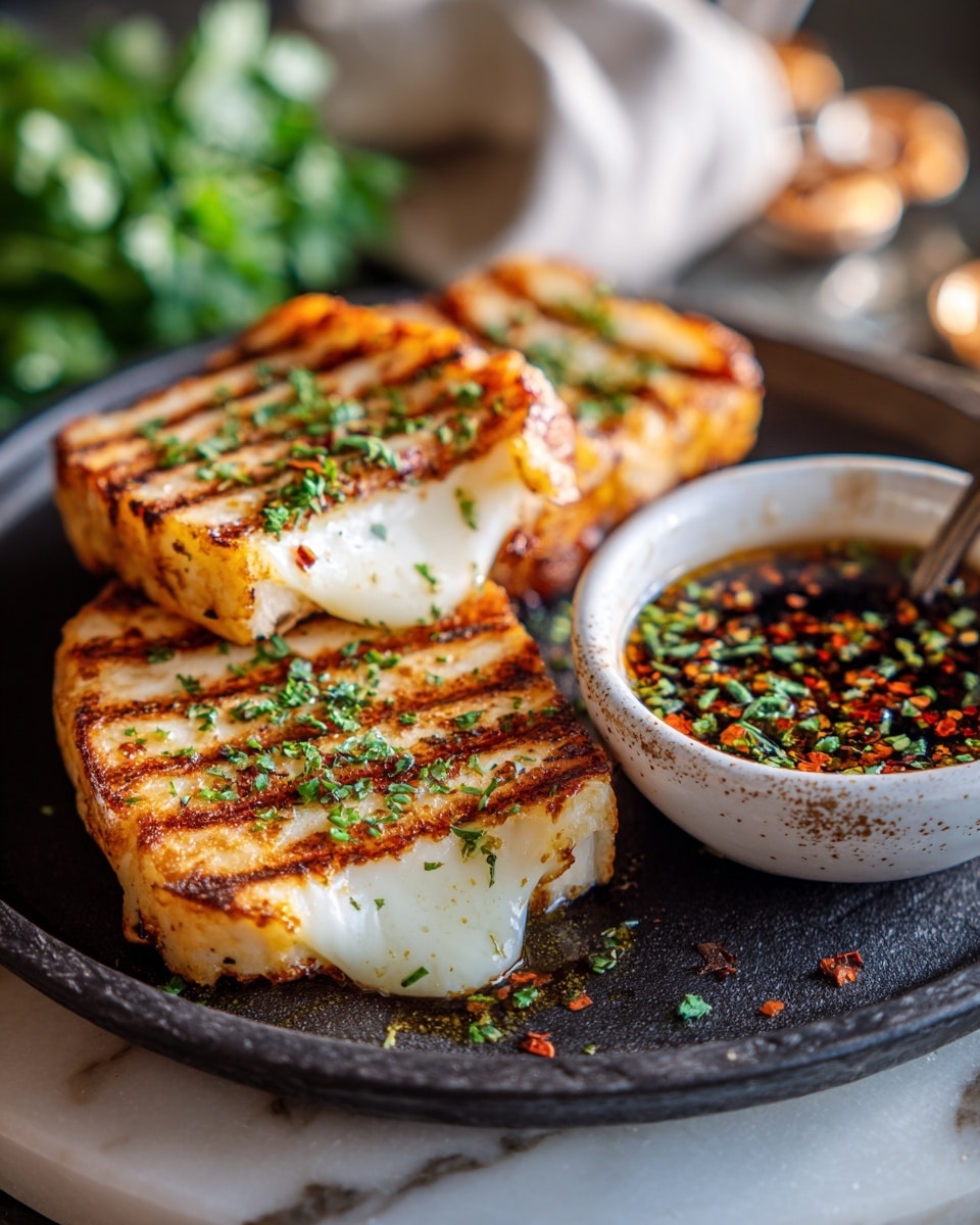 A dark round plate holds three thick rectangular pieces of grilled cheese with golden-brown char lines on top, showing a soft white melted center oozing out from one piece in the front. The grilled cheese is sprinkled with finely chopped green herbs. On the right side of the plate is a small white bowl filled with a dark dipping sauce topped with herbs and red flakes. The plate sits on a white marbled surface with a blurred background of green herbs, a white cloth, and warm light. Photo taken with an iphone --ar 4:5 --v 7
