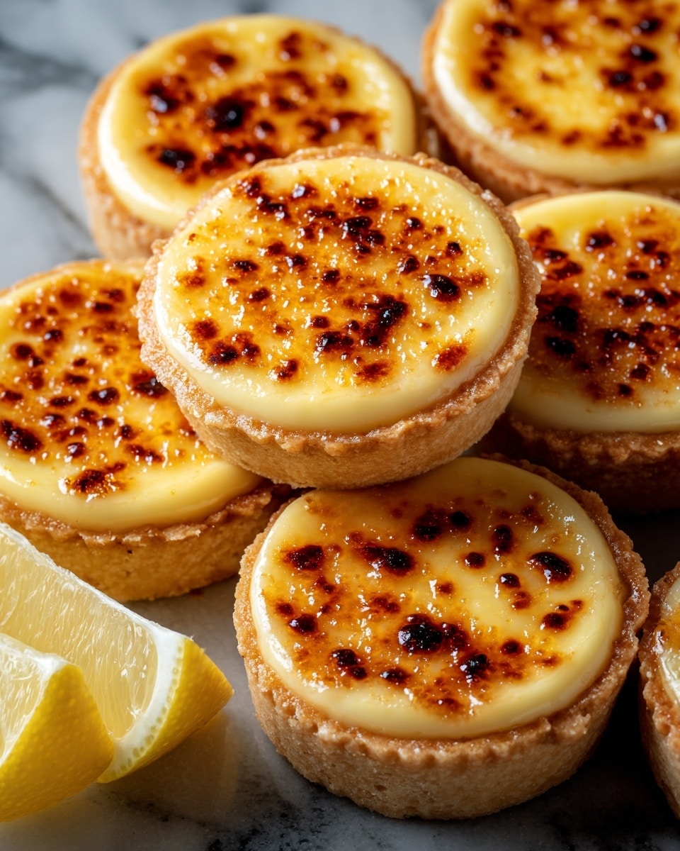 A close-up view of several small round lemon tarts stacked on a white marbled surface, each tart having a pale golden crust base about one layer thick and a smooth lemon custard filling on top with a glossy, creamy pale yellow color. The custard layer is finished with a caramelized burnt sugar topping that has dark brown and amber spots unevenly spread across the surface, creating a slightly bumpy texture. Two lemon wedges with bright yellow skin and juicy flesh are placed near the tarts on the white marbled surface. photo taken with an iphone --ar 4:5 --v 7