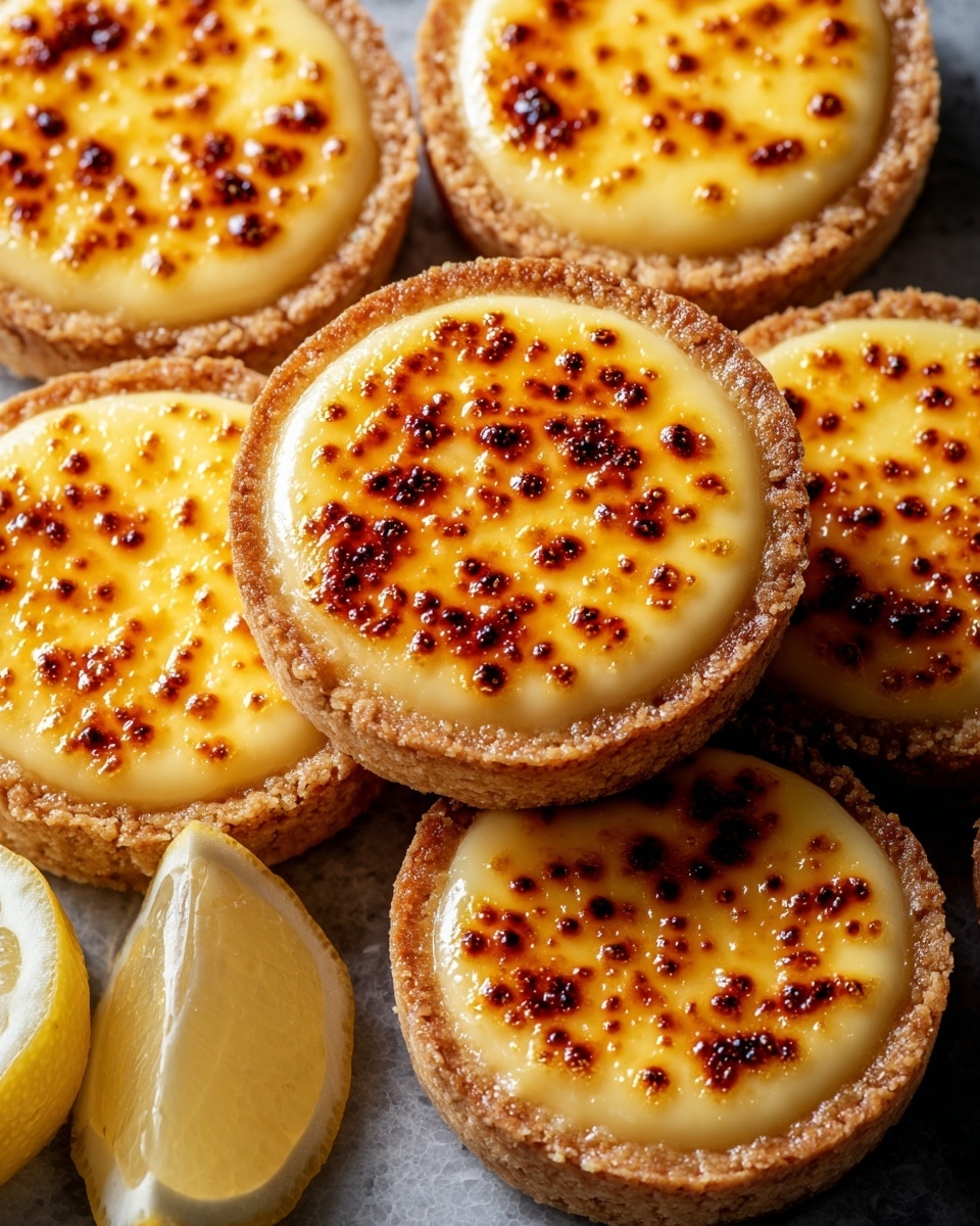 A close-up of small round tarts stacked on a white marbled surface, each tart featuring a golden-yellow creamy top with a caramelized, slightly burnt speckled layer giving a shiny and textured look; the base is a light brown, crumbly crust visible around the edges and underneath the cream layer; slices of fresh lemon with bright yellow skin and pale pulpy interior are placed next to the stack, adding a fresh contrast. Photo taken with an iphone --ar 4:5 --v 7