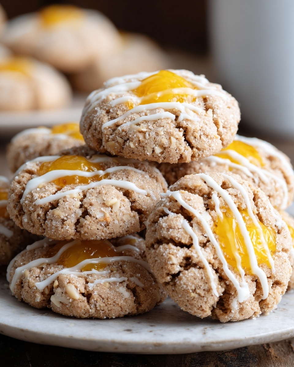 A close-up of a stack of crumbly cookies arranged on a white plate, each cookie with a rough, cracked texture and light brown color. Each cookie has a bright yellow dollop of jam or jelly in the center, topped with thin white icing drizzled lightly in lines across the top. The cookies appear soft and slightly powdery with tiny sugar or nut specks visible on the surface. The background shows more cookies blurred softly, all set on a white marbled texture surface. photo taken with an iphone --ar 4:5 --v 7