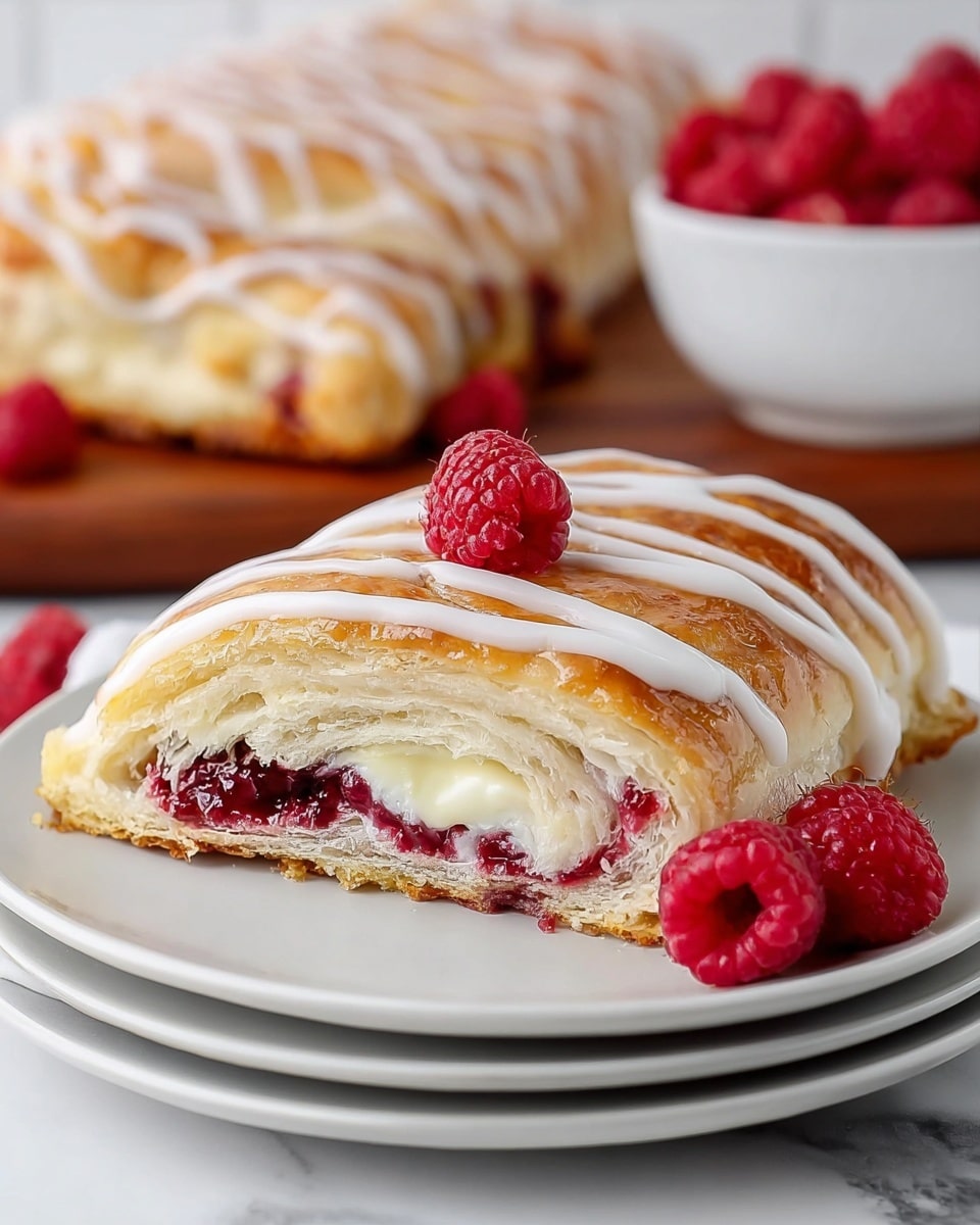 A white plate holds a sliced pastry with a golden-brown, flaky crust topped with white icing stripes. Inside, there are two main layers: a smooth white cream layer on the bottom and a thick red raspberry jam layer above it. A single fresh raspberry sits on top of the pastry. In the background, more pastries with the same icing and raspberries sit on a wooden board, and a small white bowl filled with fresh raspberries is also visible, all placed on a white marbled surface. photo taken with an iphone --ar 4:5 --v 7