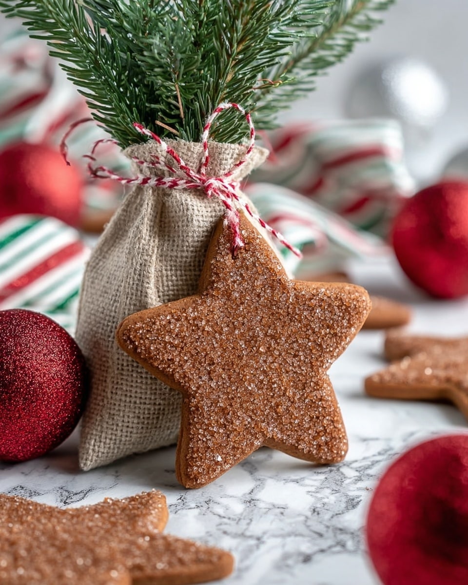A close-up view of a single star-shaped gingerbread cookie covered in sugar crystals, hanging by a red and white twisted string. The cookie is in front of a small burlap sack with green pine branches sticking out from the top. Around the cookie, there are festive elements including red and silver glittery Christmas balls and other gingerbread cookies blurred in the background. A white marbled surface and a cloth with red, green, and white stripes are visible in the scene. Photo taken with an iphone --ar 4:5 --v 7