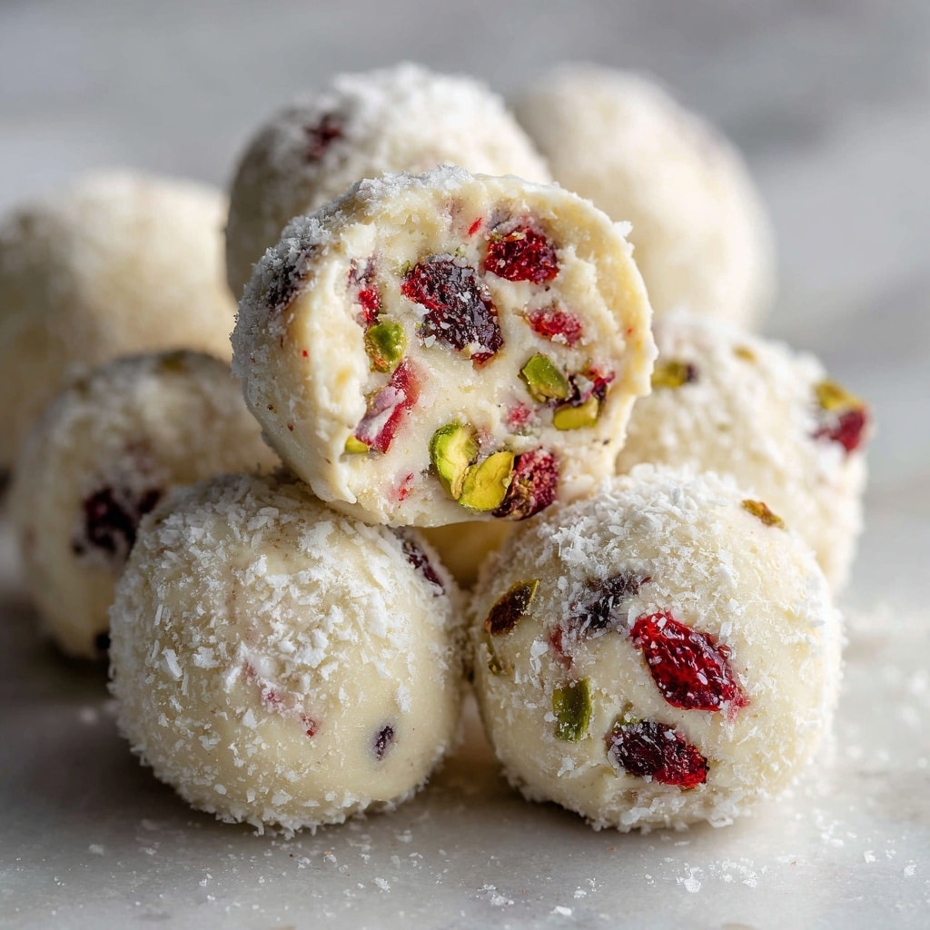 The image shows smooth, round white chocolate truffles dusted with a fine white powder layer on the outside. Inside each truffle, a creamy white base is speckled with small pieces of bright red cranberries and green pistachios, adding texture and color contrast. The truffles are arranged closely on a white marbled surface, with one truffle cut in half in the foreground, revealing two main layers: the outer powdery white coat and the inner creamy white filling full of embedded red and green bits. Photo taken with an iphone --ar 4:5 --v 7