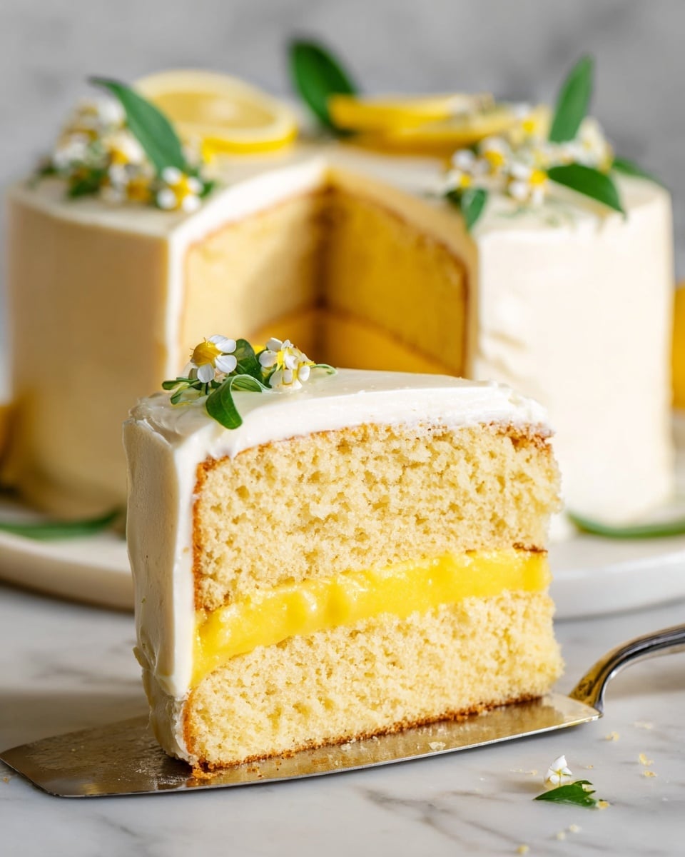 A round, two-layer cake covered smoothly with pale yellow frosting sits on a white marbled surface. The cake's top edge is decorated with a curved row of fresh green mint leaves, bright lemon wedges, and small white flowers with yellow centers. The lemon wedges and mint leaves alternate neatly along the upper left side, adding bright, fresh colors against the soft yellow frosting. The rest of the cake's surface is plain and smooth, showing the creamy texture of the frosting. Photo taken with an iphone --ar 4:5 --v 7