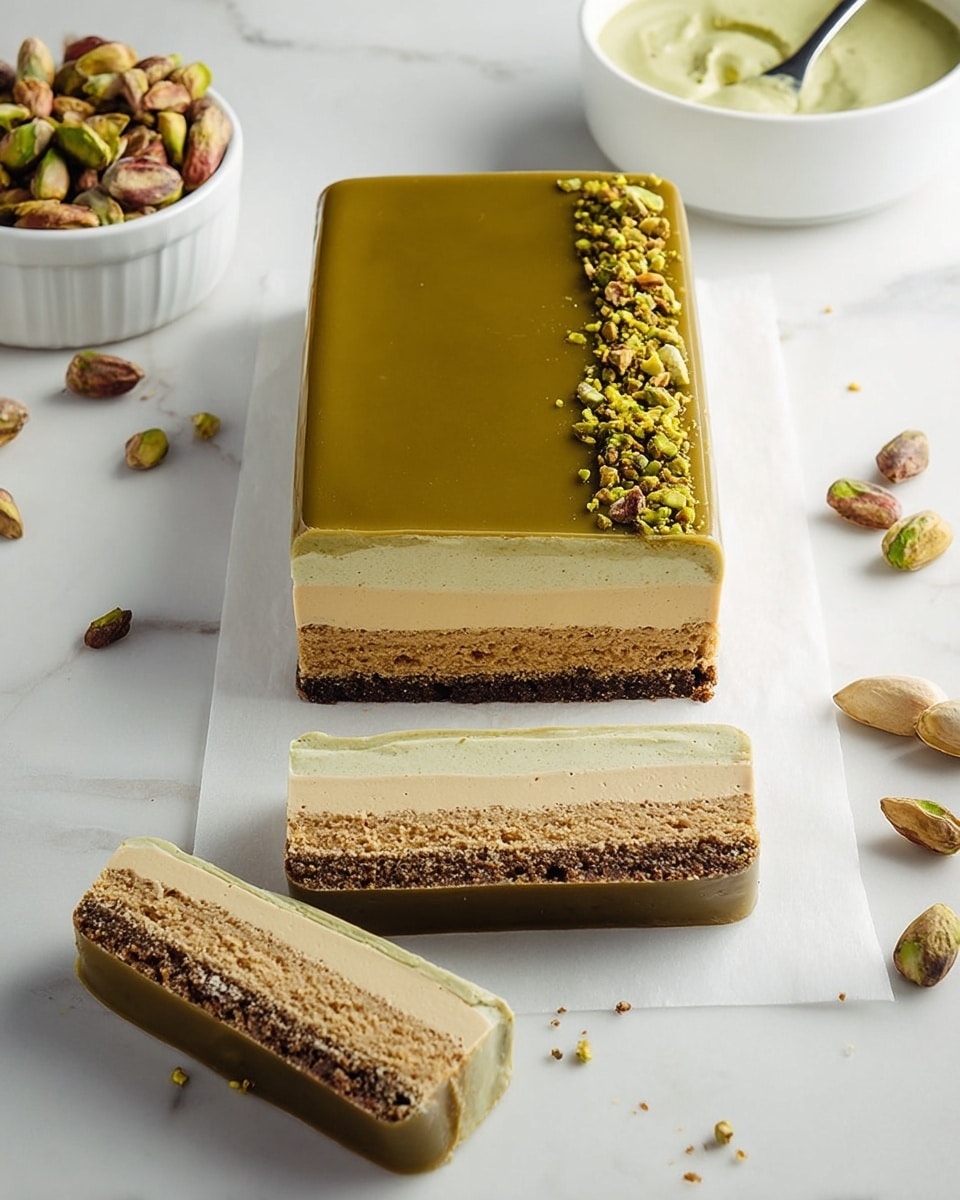 The image shows six rectangular bars of a layered dessert placed in a row on a white marbled surface. Each bar has five distinct layers: the top glossy layer is a smooth, olive green color, followed by a creamy beige layer beneath it. Below this is a thin middle layer that appears to be light brown and crumbly, then a darker brown layer that looks like dense cake or cookie crumbs, and finally, at the bottom, a pale creamy layer completes the base. Scattered pistachios and their shells lie around the dessert, with a small white bowl filled with green pistachios visible at the top left and a white dish with swirled olive green sauce on the top right. A white cup containing the same olive green liquid is partially visible in the bottom left corner. photo taken with an iphone --ar 4:5 --v 7