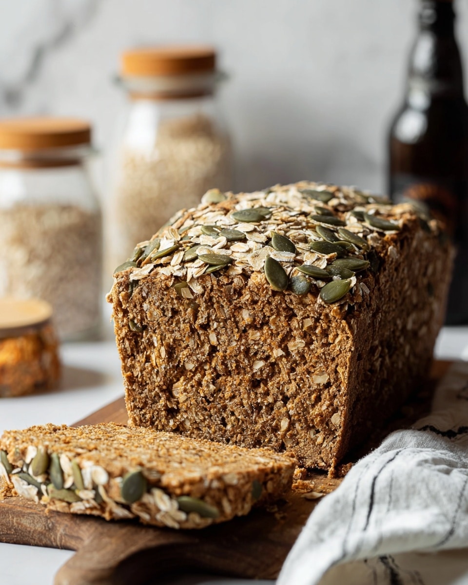 A thick loaf of brown bread with a rough texture is shown, cut into slices on a wooden board. The top of the bread is covered with pumpkin seeds and oat flakes, creating a mixed green and beige seed layer. Inside, the bread has a dense, coarse crumb full of scattered seeds and grains in varying shades of light brown and green. The background features a soft white marbled texture, blurry jars with wooden lids, and a dark bottle, giving a cozy kitchen feel. A white cloth with thin black stripes is partially shown in the foreground. photo taken with an iphone --ar 4:5 --v 7