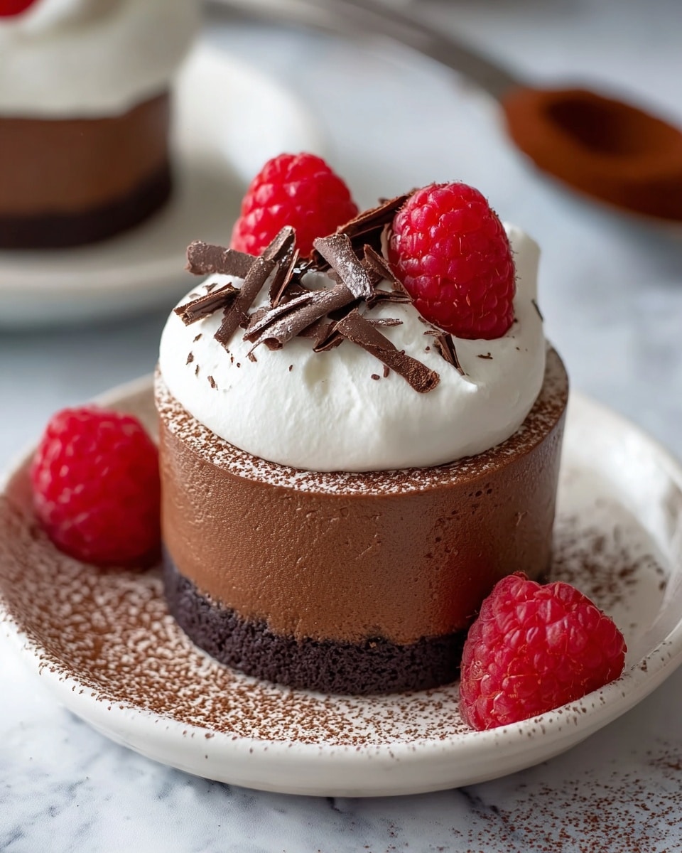 A clear glass cup holds a rich, smooth chocolate mousse filling almost to the top, with a small section scooped out to reveal its creamy texture. The mousse is dusted lightly with cocoa powder on the surface. On top, there is a dollop of white whipped cream covered with dark chocolate shavings, and a bright red raspberry leans against the whipped cream at the edge. In the blurry background, another mousse cup and two whole strawberries are visible, all placed on a white marbled surface with cocoa powder scattered around. Photo taken with an iphone --ar 4:5 --v 7