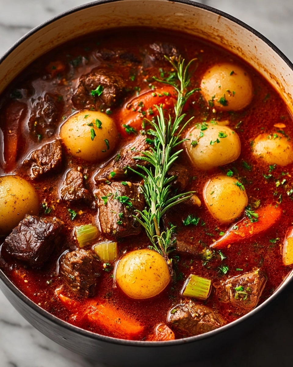 A close-up view of a rich beef stew in a deep pot, showing about three layers: a thick red-brown broth base with specks of herbs, topped with chunks of dark brown beef pieces scattered evenly, round light yellow potatoes halved or whole, bright orange carrot slices, and some small green celery bits. The stew is garnished in the center with a small bundle of fresh green rosemary sprigs, and finely chopped green herbs are sprinkled across the top, all resting in a deep white pot placed on a white marbled surface. photo taken with an iphone --ar 4:5 --v 7