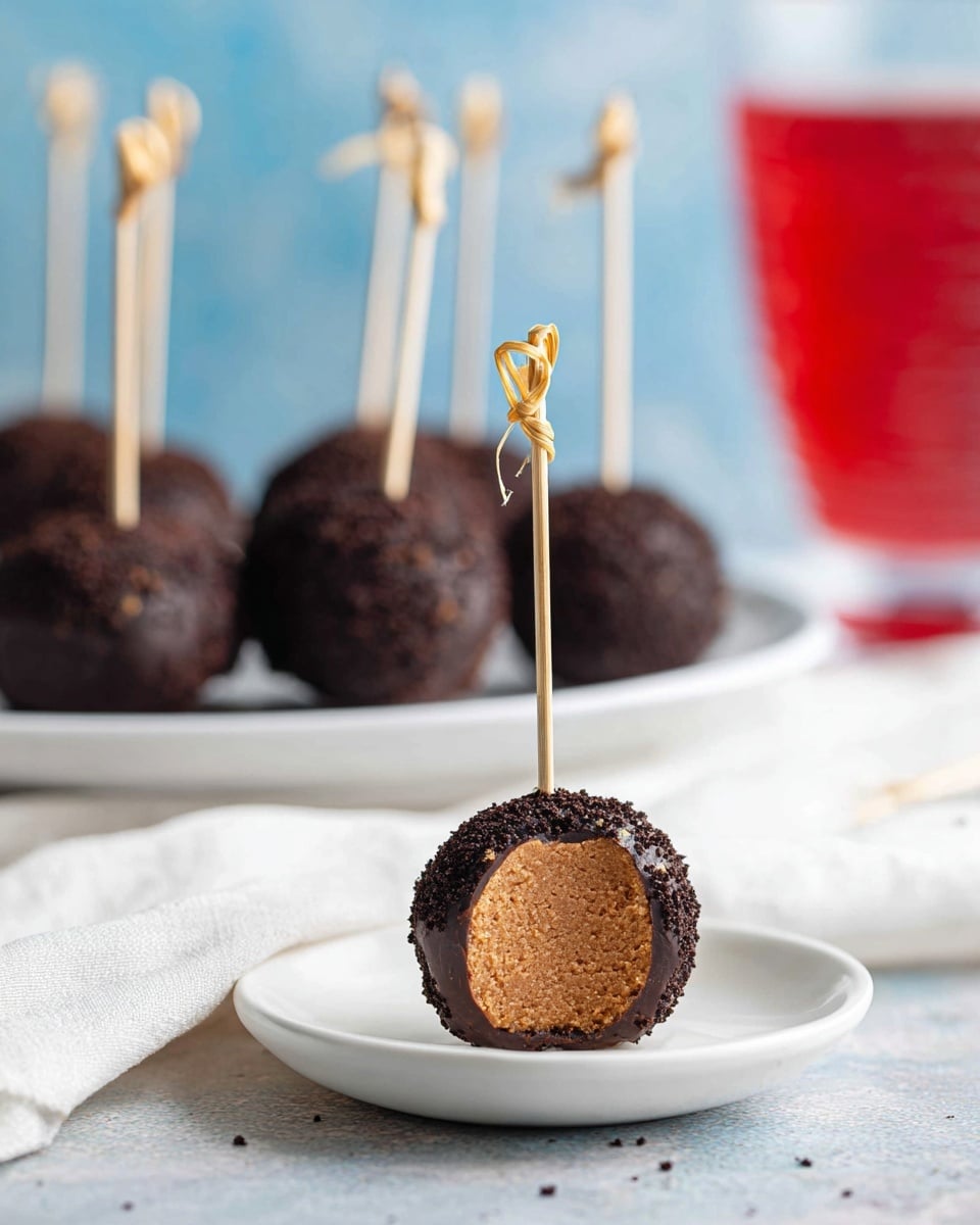 A close-up view of a small round dessert ball coated with dark chocolate crumbs. The ball is halved, showing a smooth light brown creamy inner layer. It is held upright on a white plate by a thin bamboo skewer tied at the top, stuck into the middle of the ball. In the background, several whole coated dessert balls with similar skewers are arranged on a white plate, slightly blurred, with a tall glass of red drink behind them. The scene is set on a white marbled surface with a pale blue background and a white cloth partially visible. photo taken with an iphone --ar 4:5 --v 7