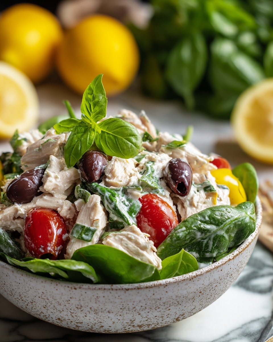 A white speckled bowl holds a fresh salad layered with bright green spinach leaves at the bottom. On top, chunks of white chicken mixed with small green herb pieces and creamy dressing create a textured, soft layer. Scattered among the chicken are vibrant red cherry tomato halves and dark purple olives, adding color contrast. Fresh green basil leaves sit on top as a garnish. The background shows blurred yellow lemons and green herbs on a white marbled surface. photo taken with an iphone --ar 4:5 --v 7